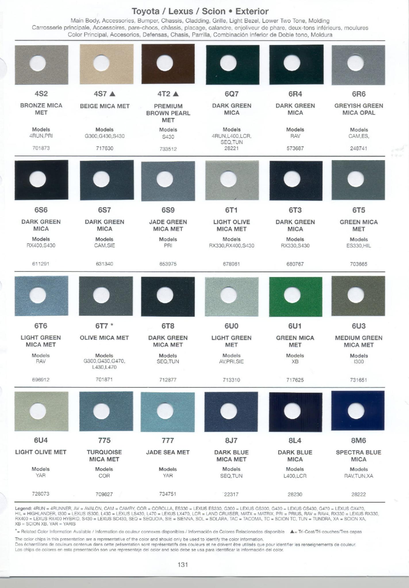 Toyoto / Lexus Paint Code and Color Chart