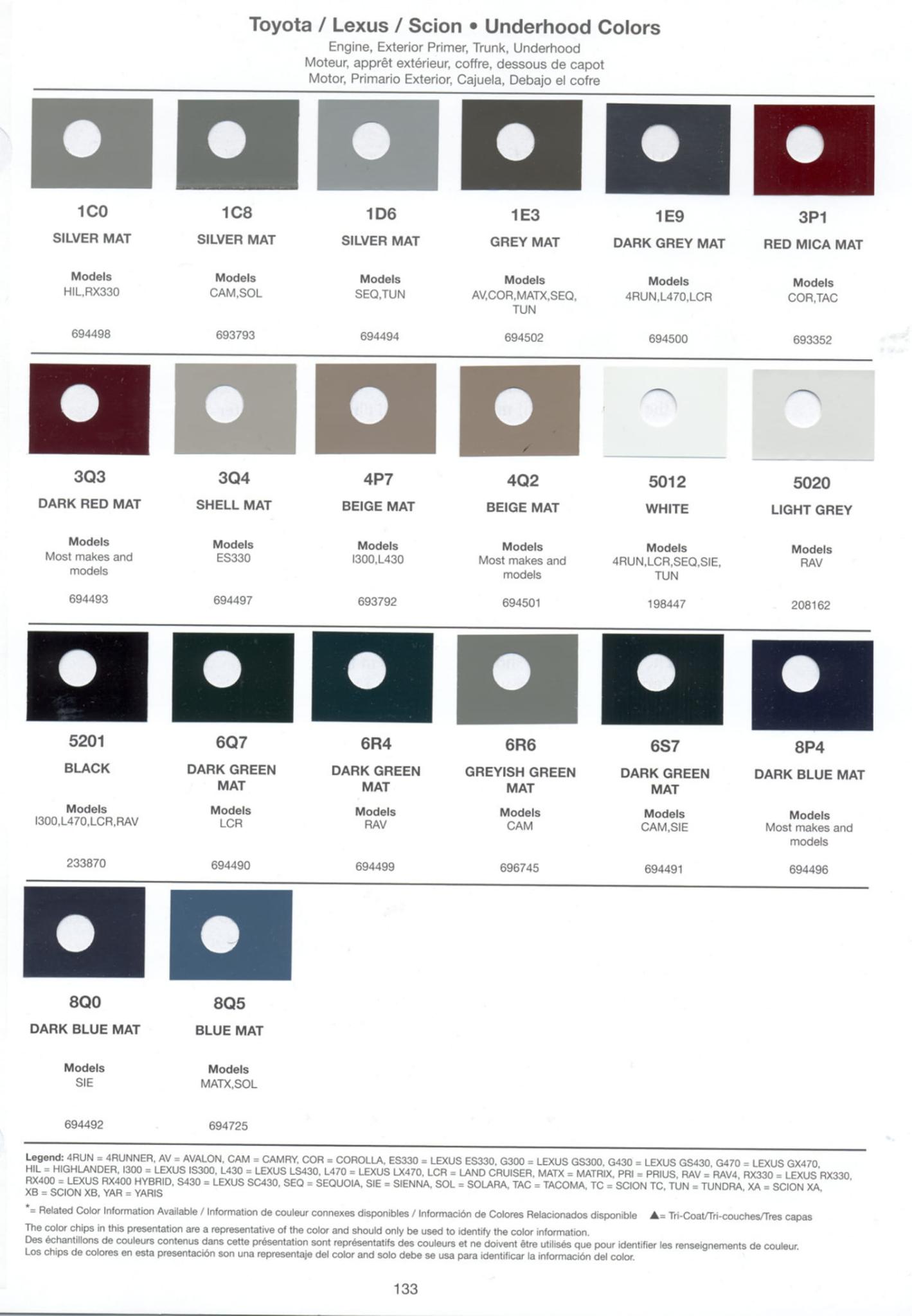 Toyoto / Lexus Paint Code and Color Chart