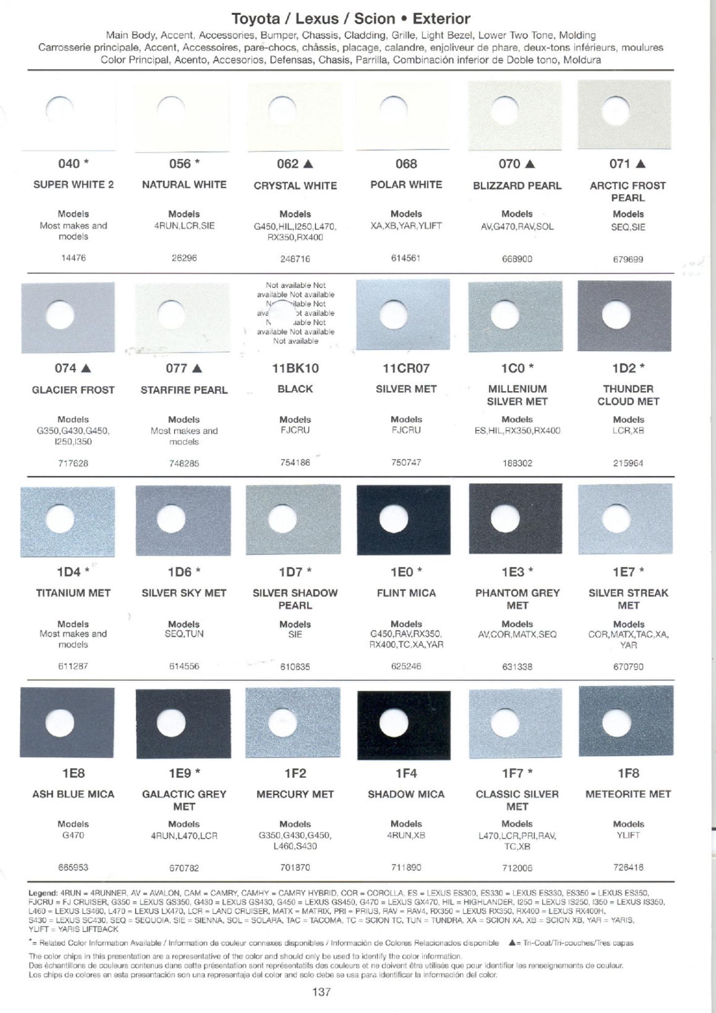 2007 Toyota, Lexus and Scion Paint Codes & Color Chart Toyoto / Lexus Paint Code and Color Chart