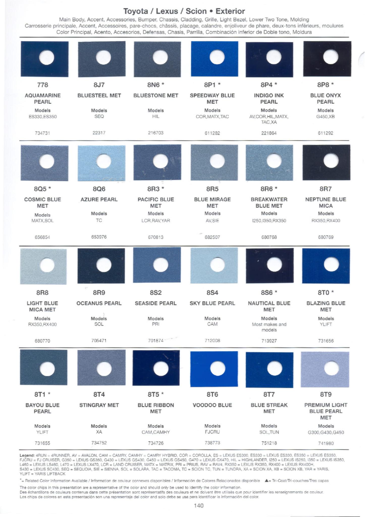 Toyoto / Lexus Paint Code and Color Chart