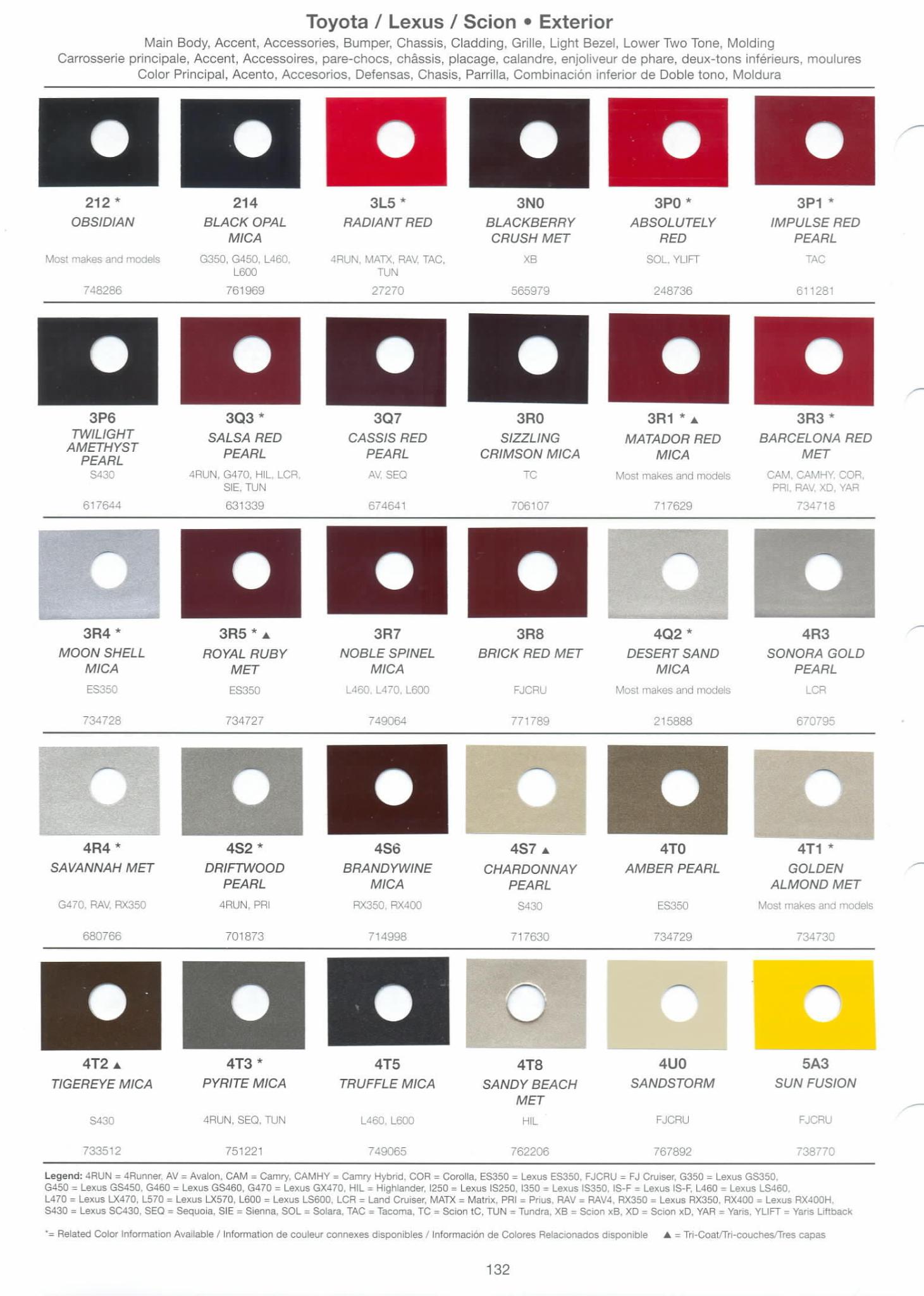 2008 Toyota, Lexus and Scion Paint Codes & Color Chart Toyoto / Lexus Paint Code and Color Chart