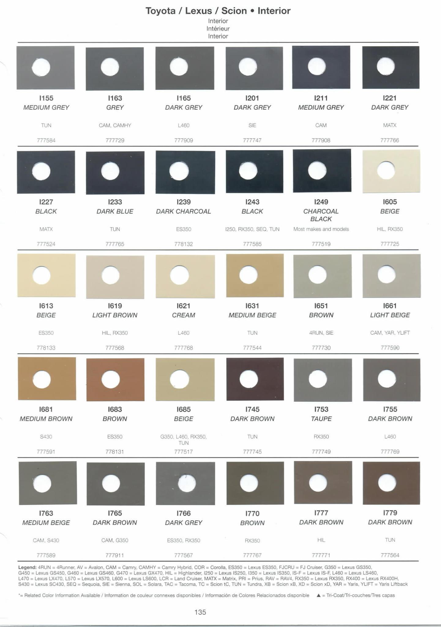 Toyoto / Lexus Paint Code and Color Chart