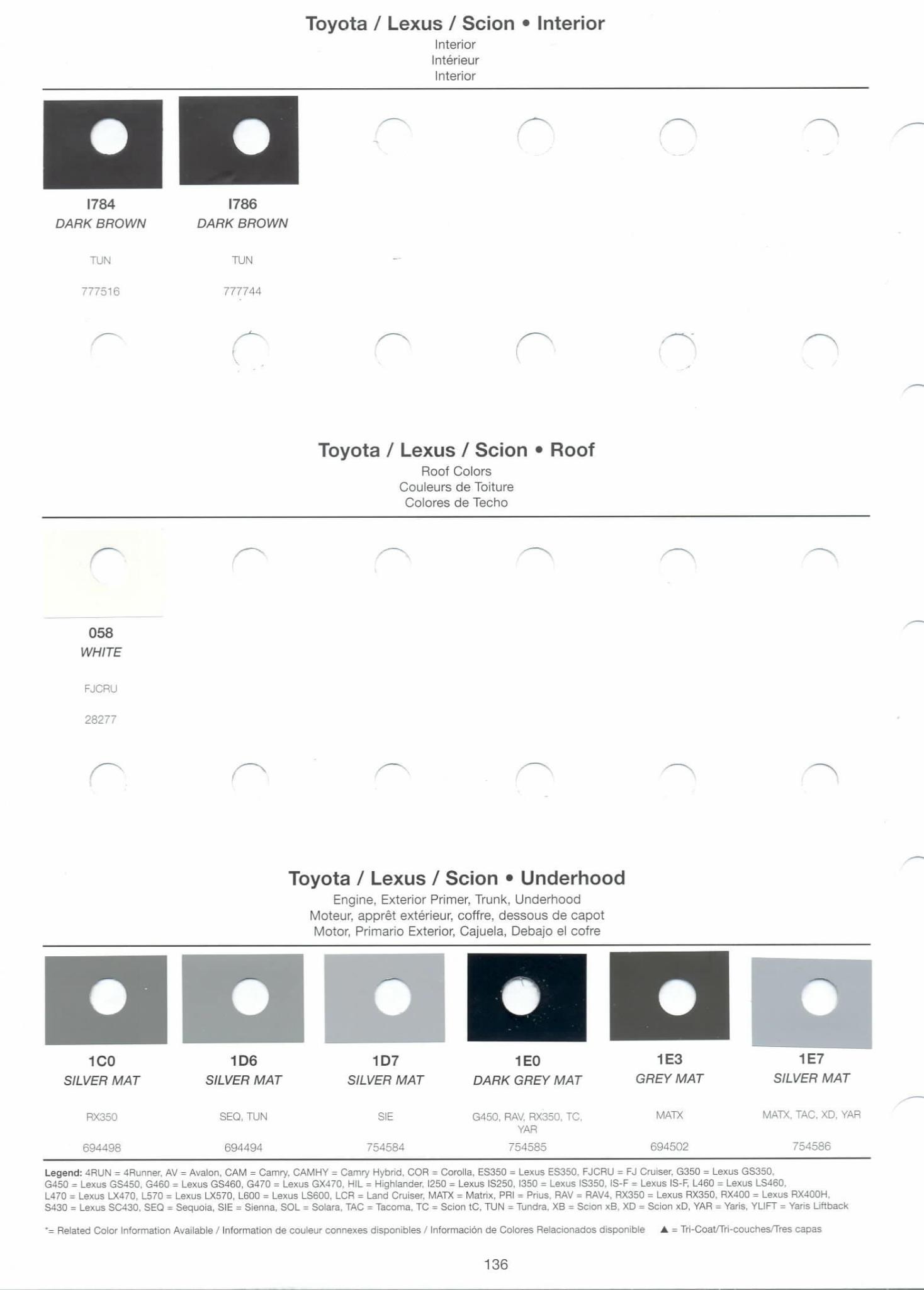 Toyoto / Lexus Paint Code and Color Chart