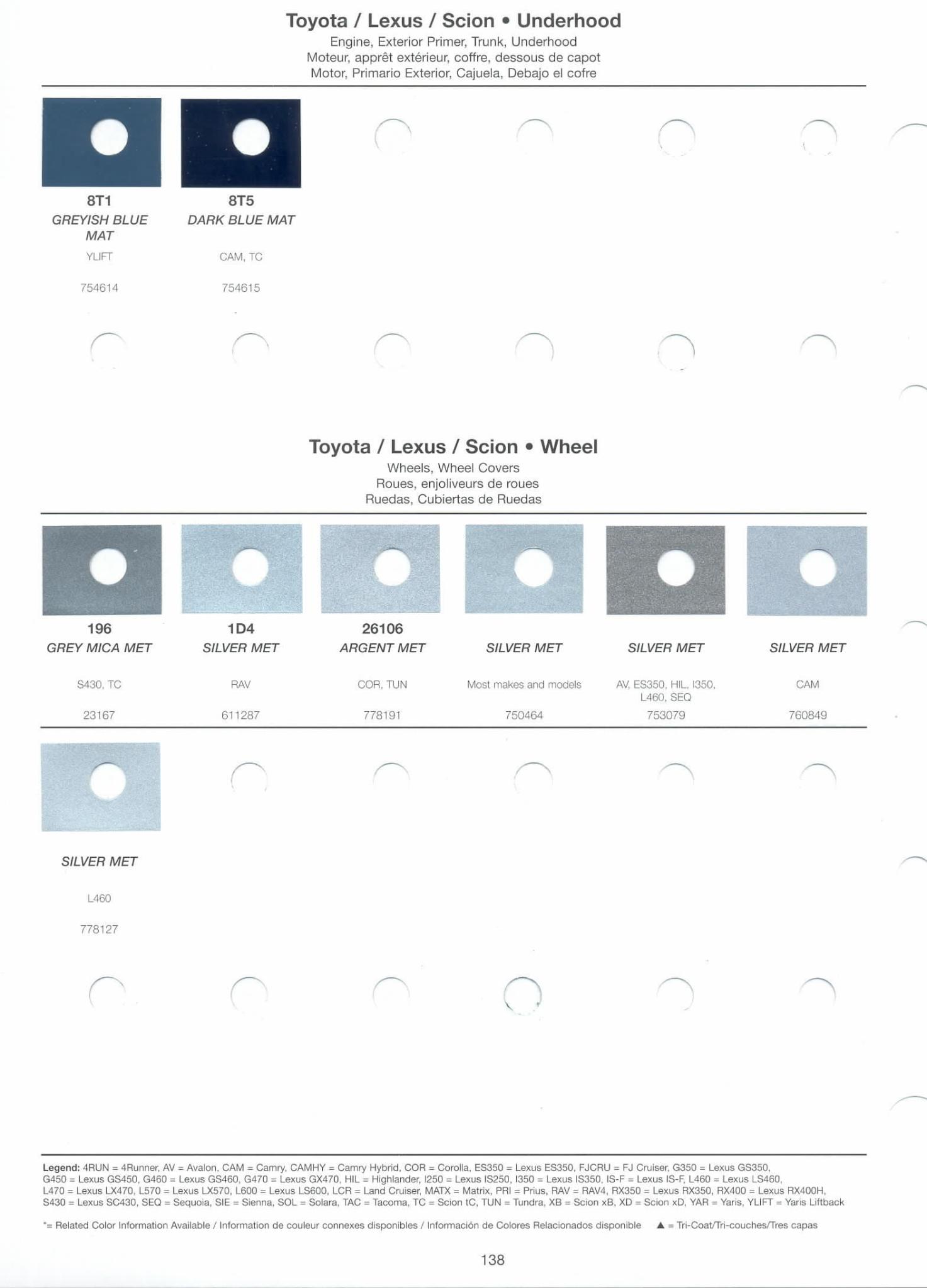 2008 Toyota, Lexus & Scion Paint Codes & Color Chart