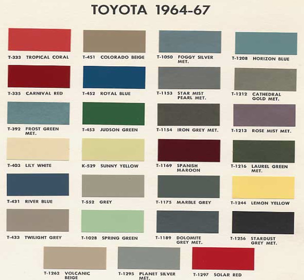1964 - 1967 Toyota Paint Chart 1964, 1965, 1966, 1967, Toyota Paint Codes