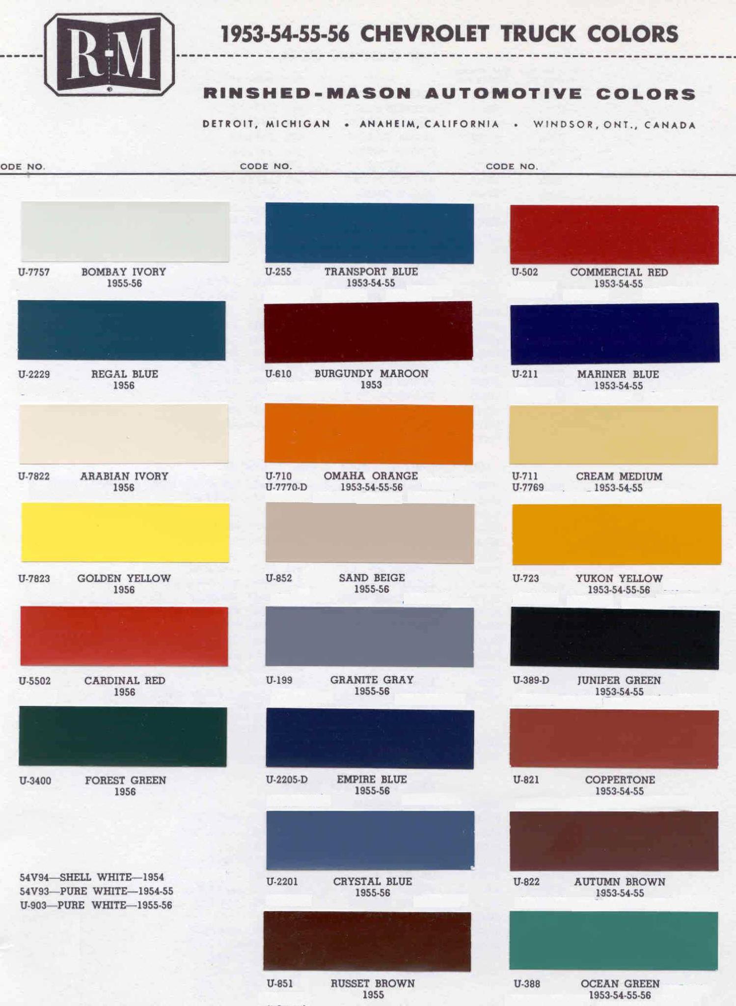 Paint Codes and Color Swatches used by Chevrolet on Vehicles