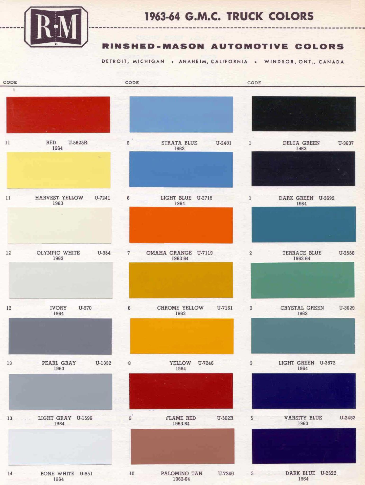 1963 - 1964 Paint Color and Codes Chevrolet and GMC Truck Color Chart