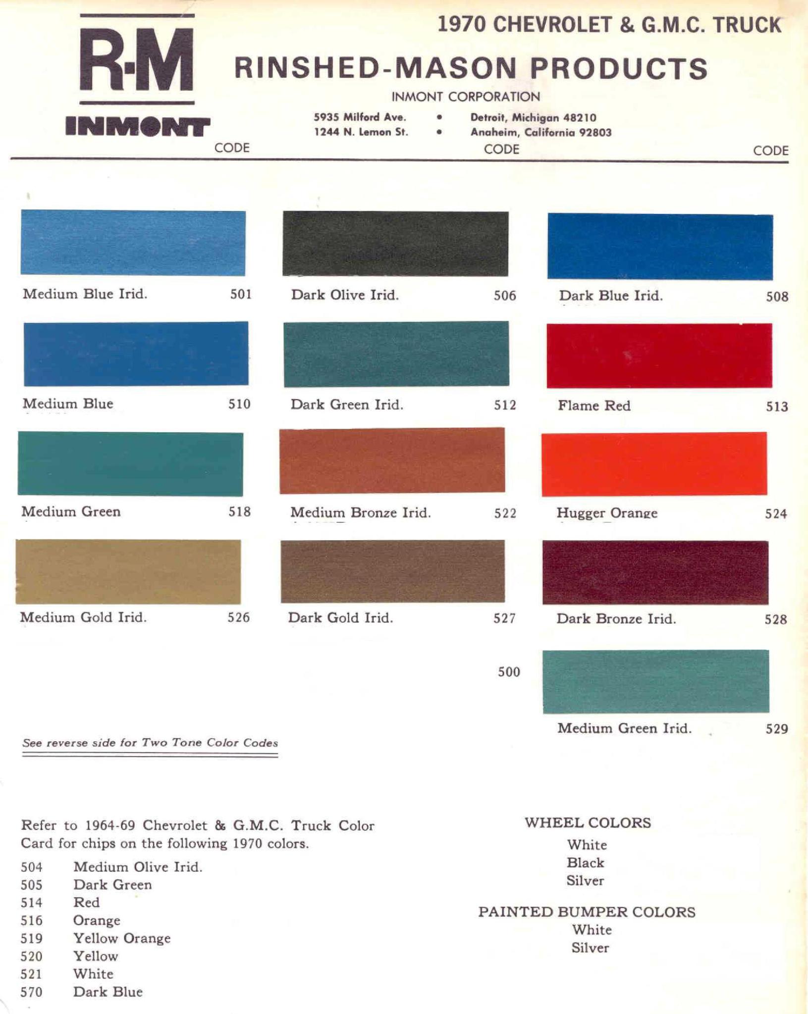 1970 Paint Color and Codes Chevrolet and GMC Truck Color Chart