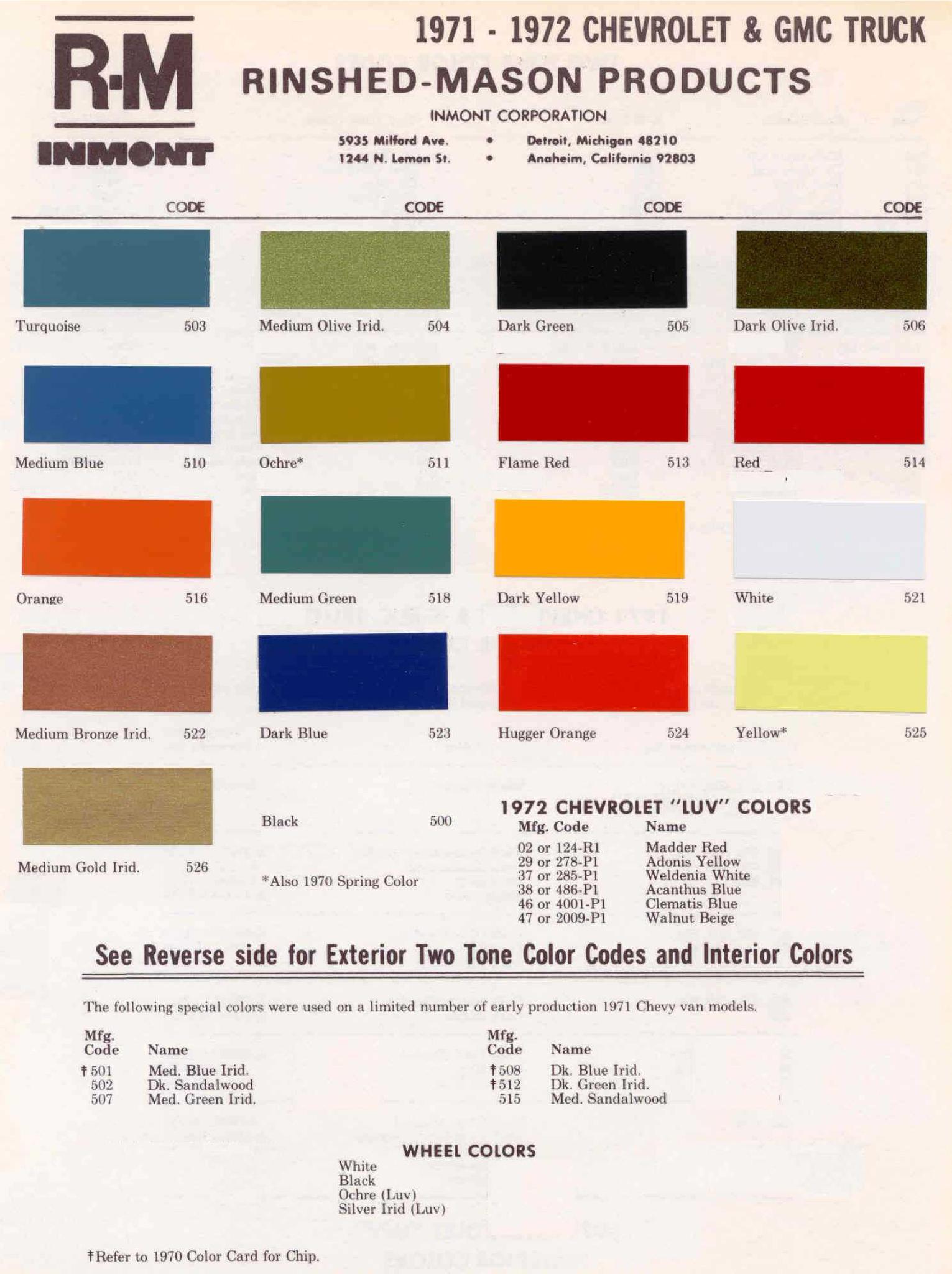1971 - 1972 Paint Color and Codes Chevrolet and GMC Truck Color Chart
