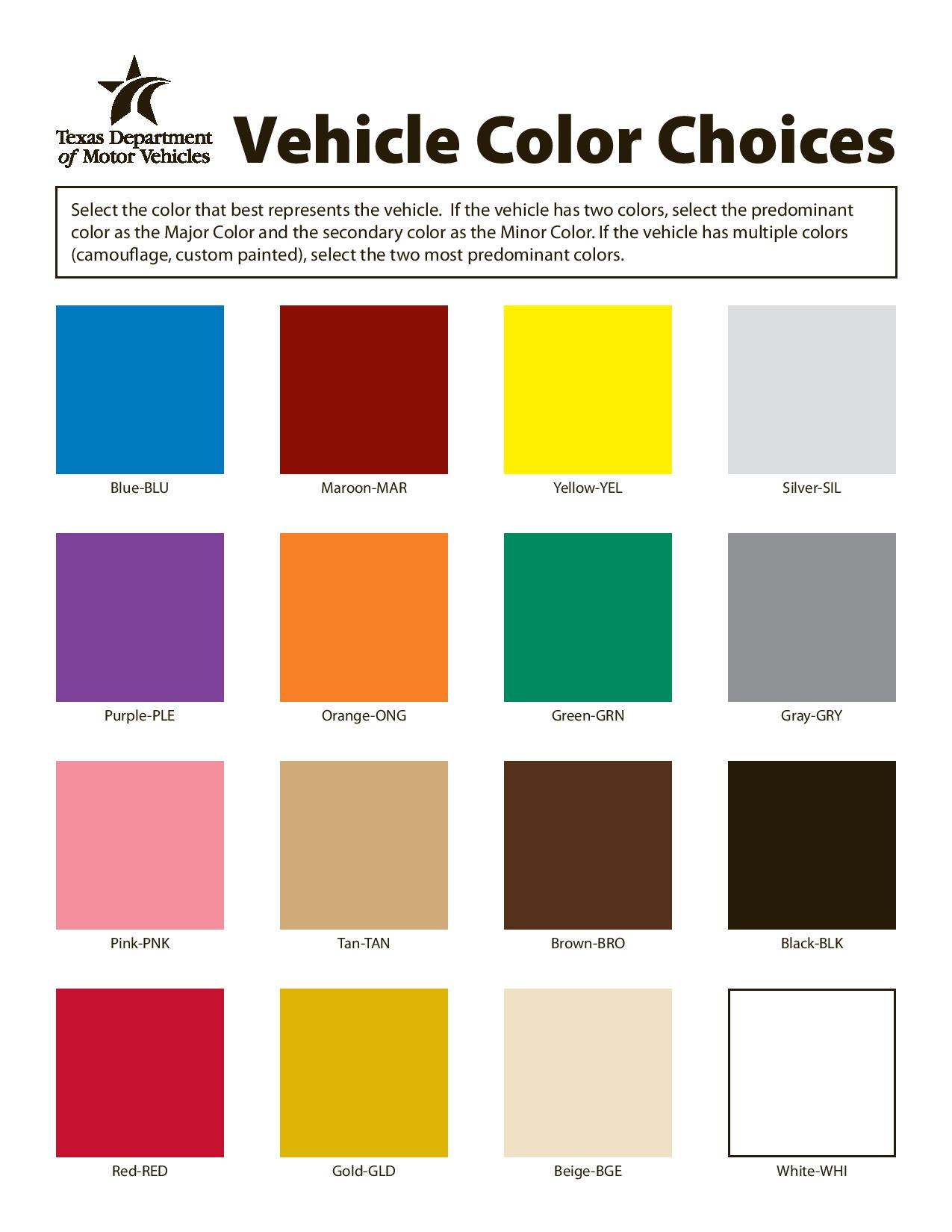 United States Car Color Picker Chart for plate renewal Color Choices