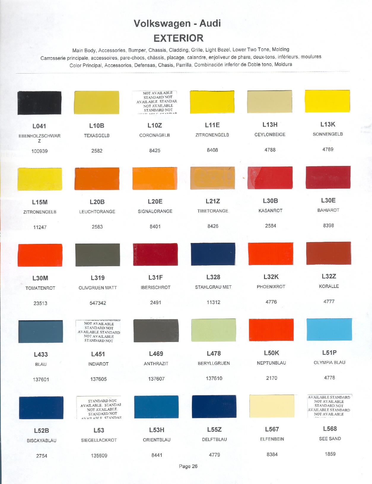 Volkswagen and Audi Paint Code Color Chart