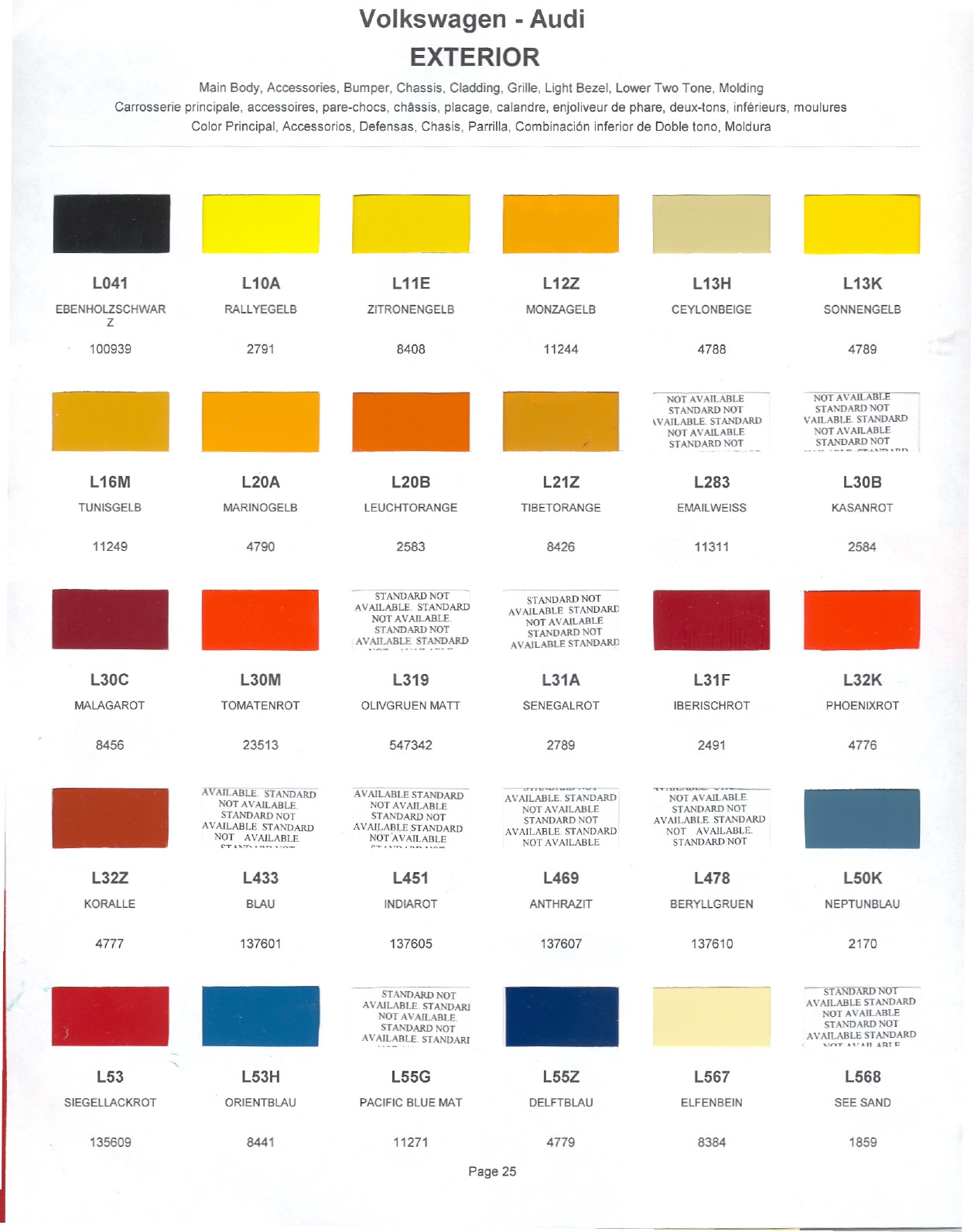 1974 Volkswagen and Audi Paint Code Color Chart