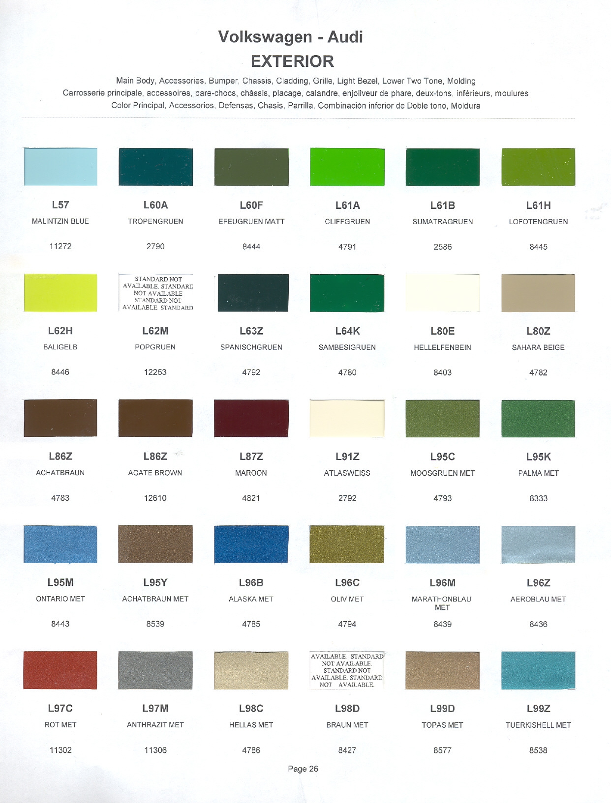 1974 Volkswagen and Audi Paint Code Color Chart