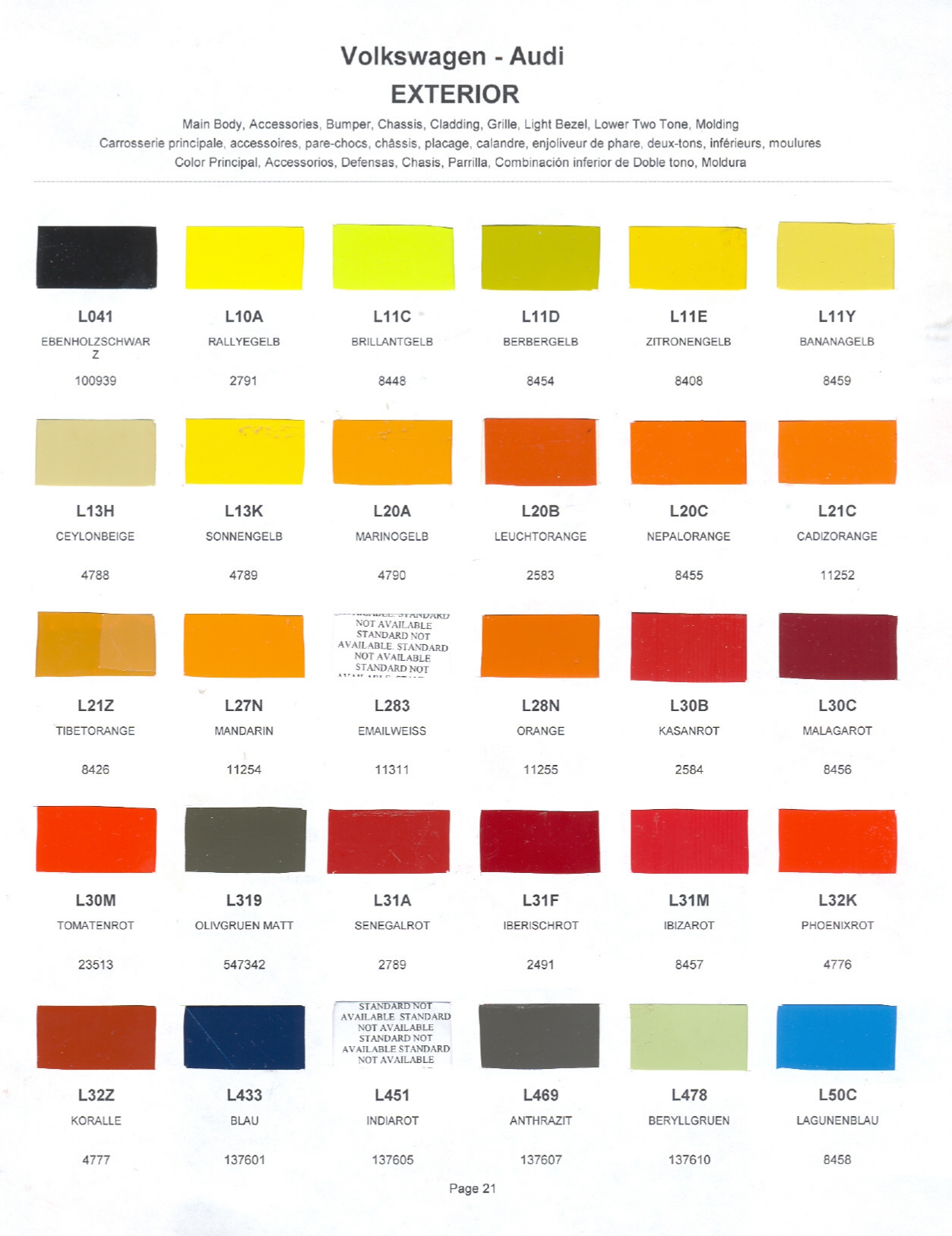 Volkswagen and Audi Paint Code Color Chart