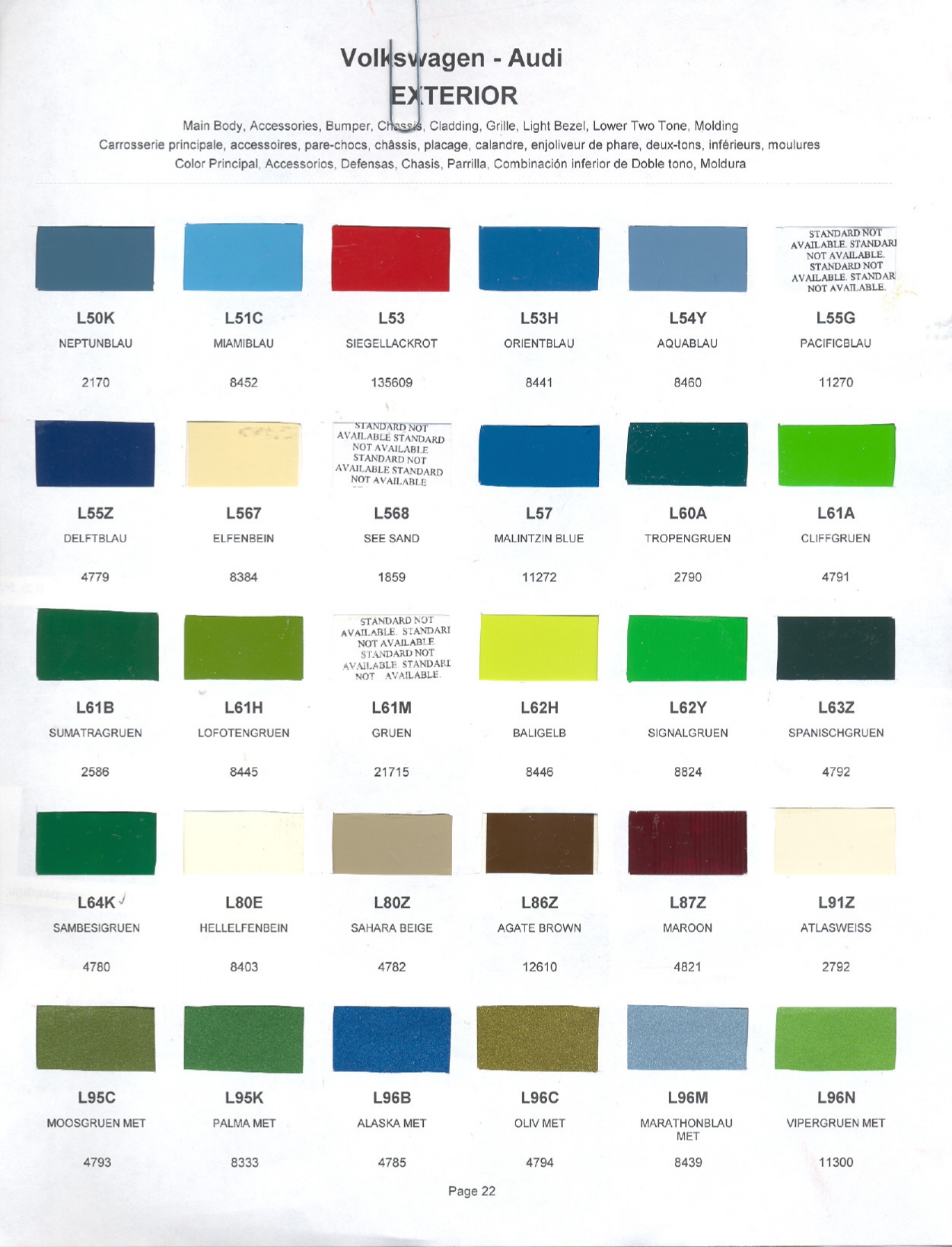 Volkswagen and Audi Paint Code Color Chart