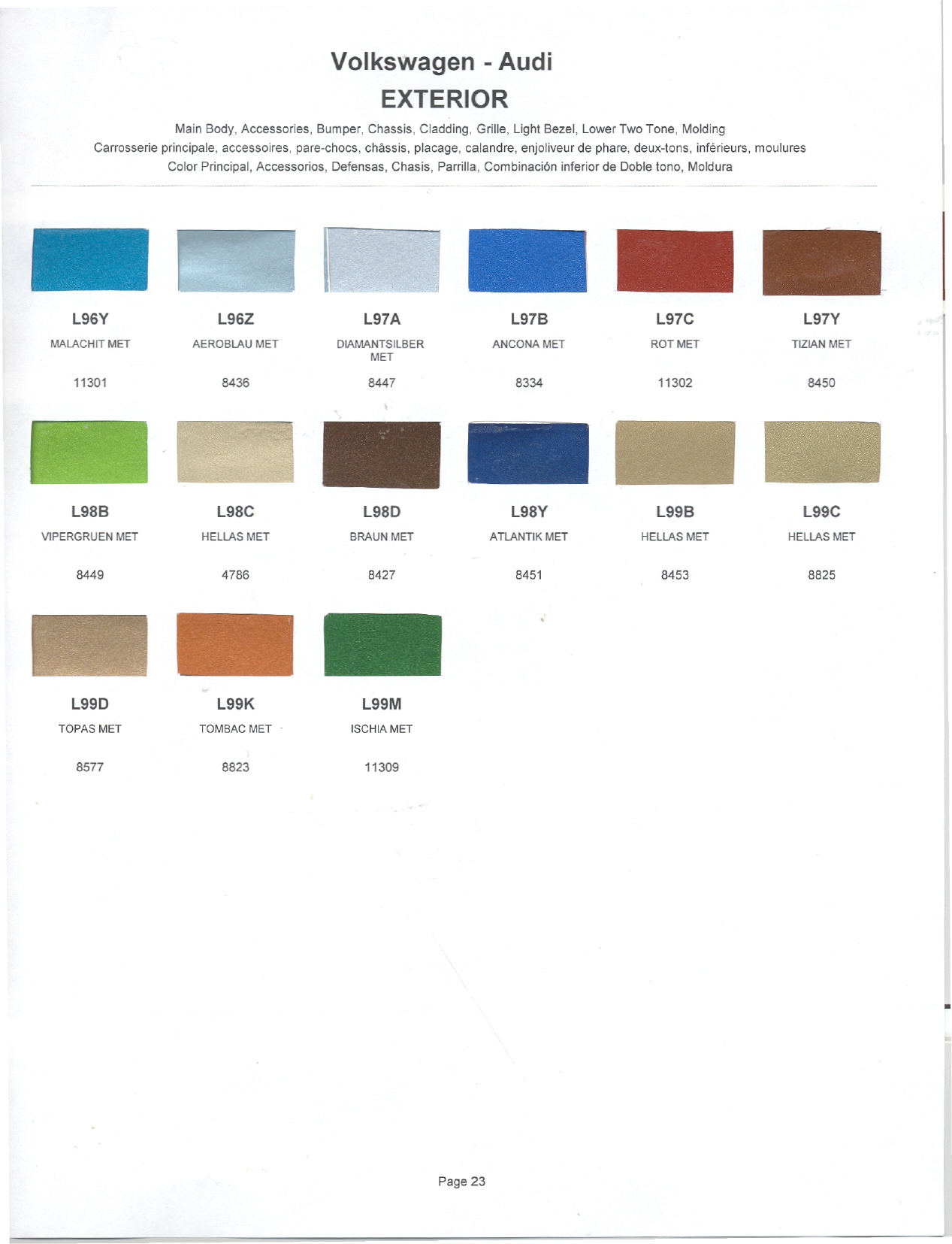 1975 Volkswagen and Audi Paint Code Color Chart