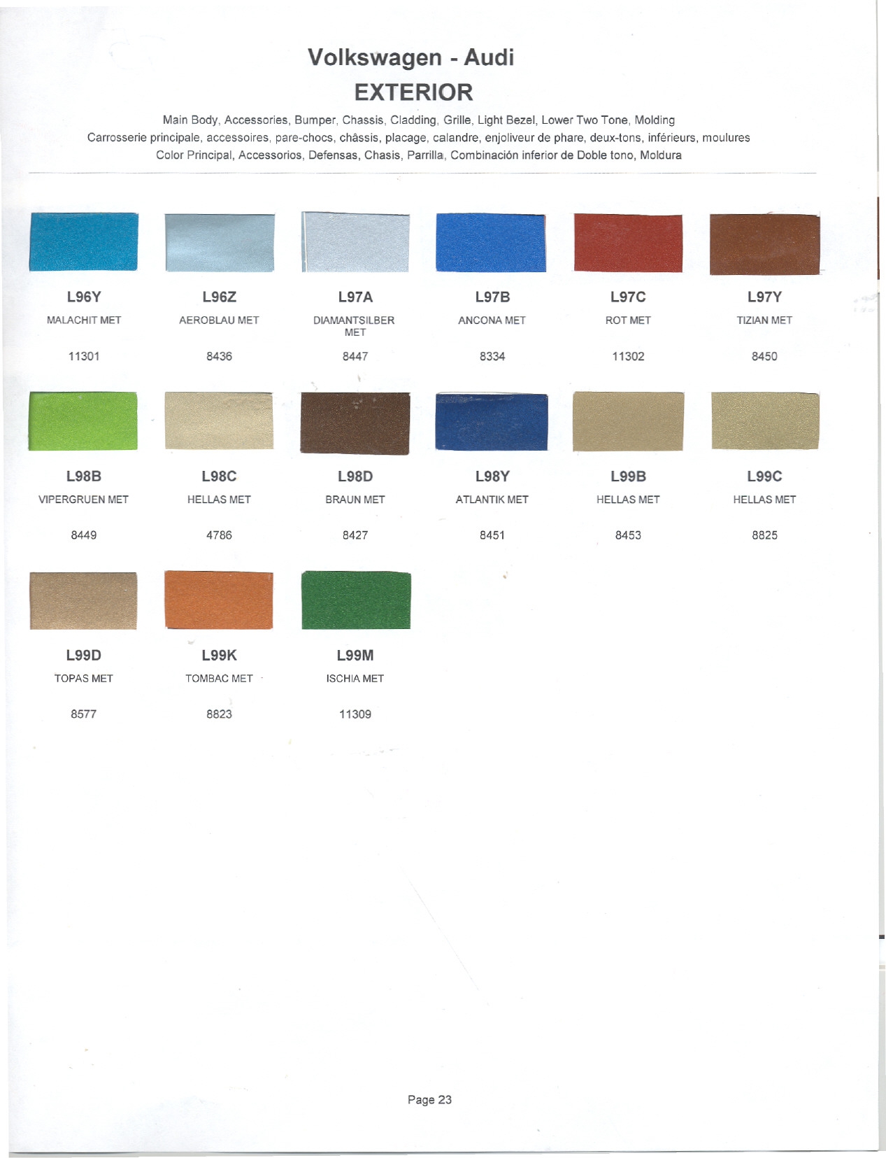 Volkswagen and Audi Paint Code Color Chart