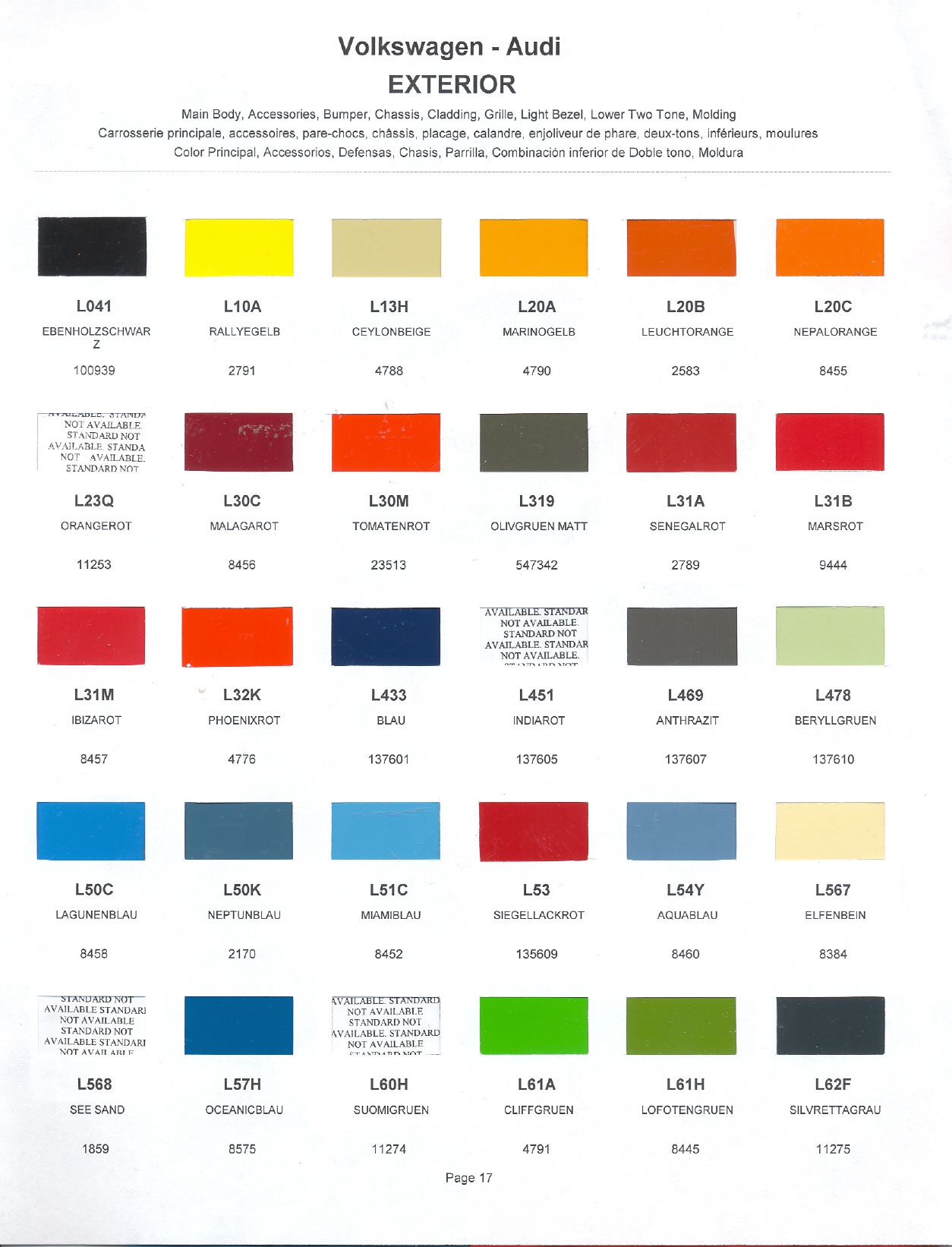 Volkswagen and Audi Paint Code Color Chart