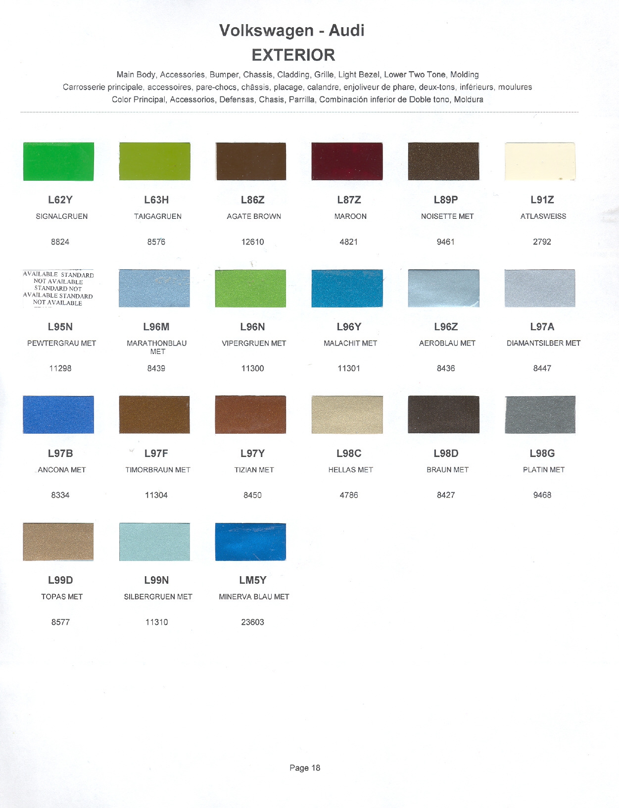 1976 Volkswagen and Audi Paint Code Color Chart