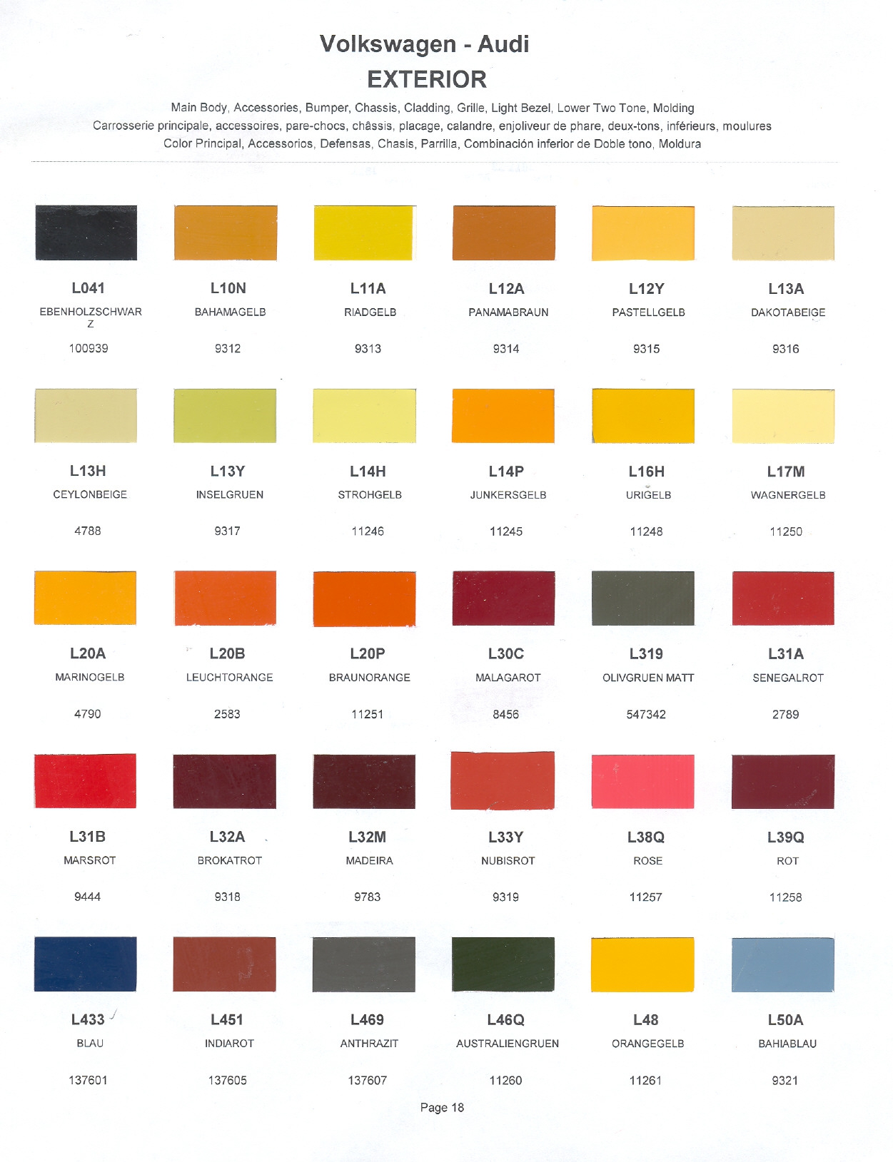 Volkswagen and Audi Paint Code Color Chart