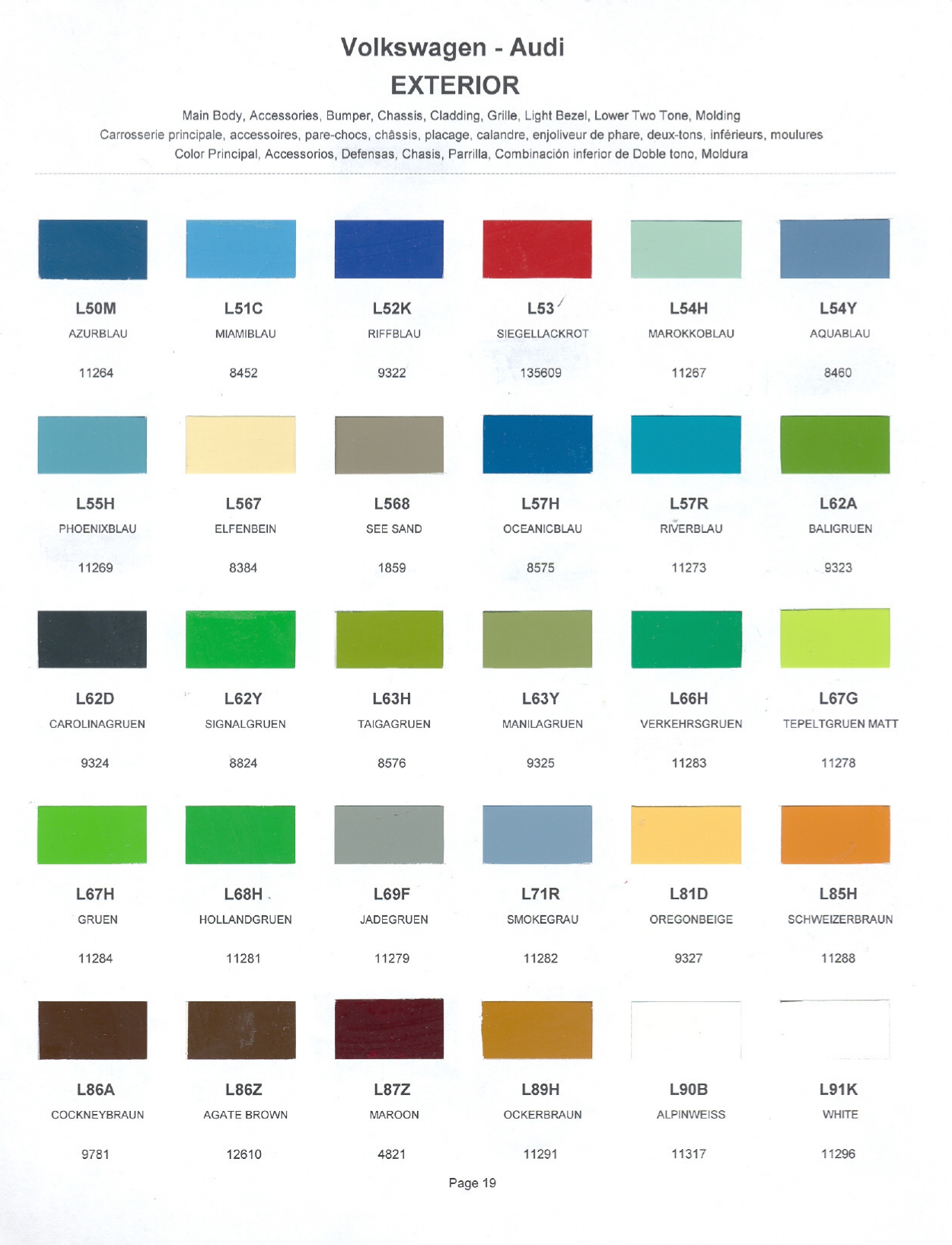 Volkswagen and Audi Paint Code Color Chart