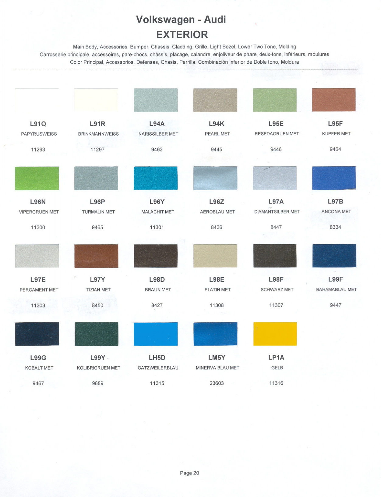 Volkswagen and Audi Paint Code Color Chart