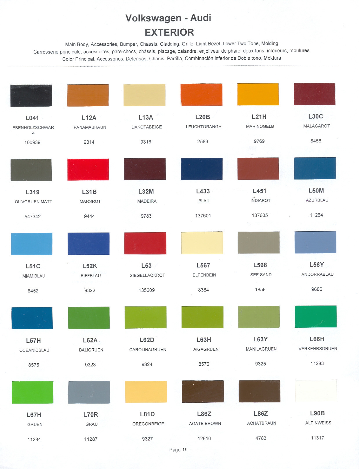 1978 Volkswagen and Audi Paint Code Color Chart