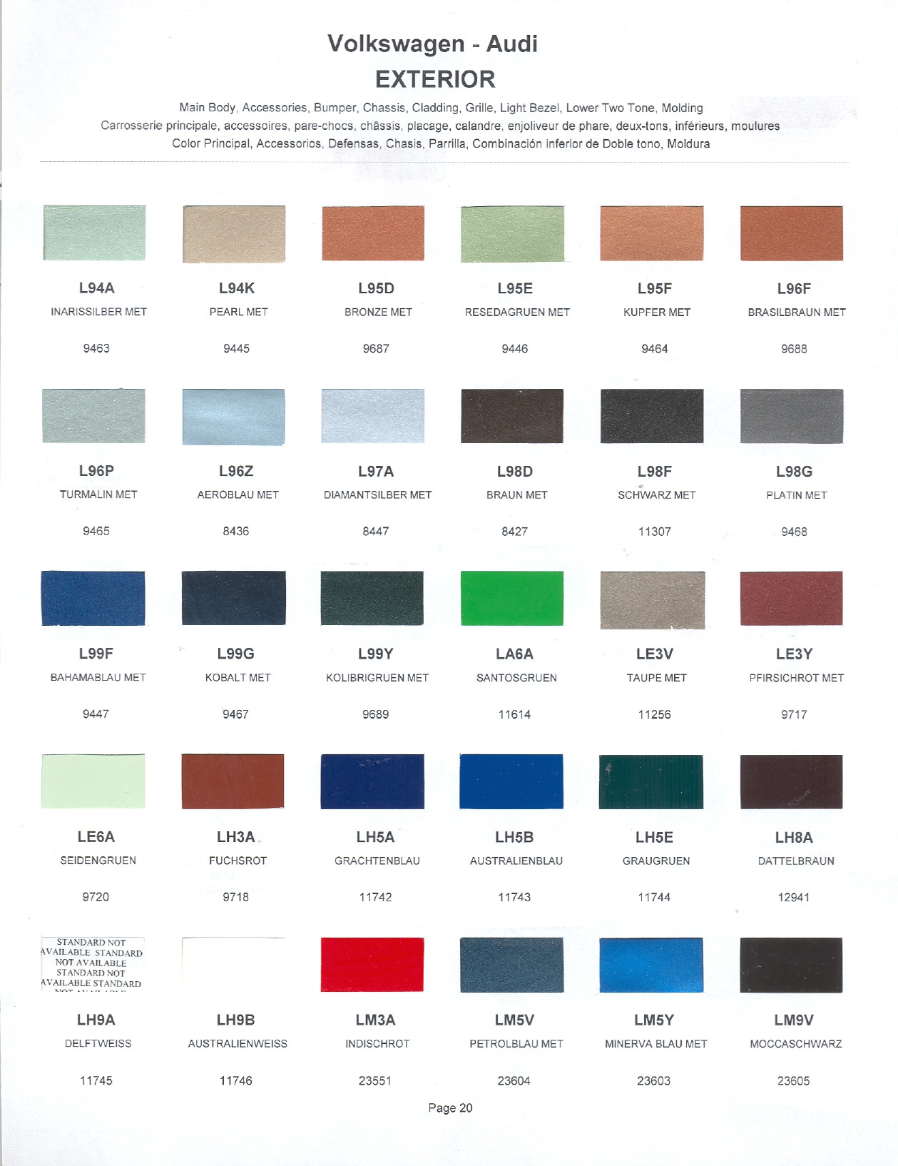 Volkswagen and Audi Paint Code Color Chart