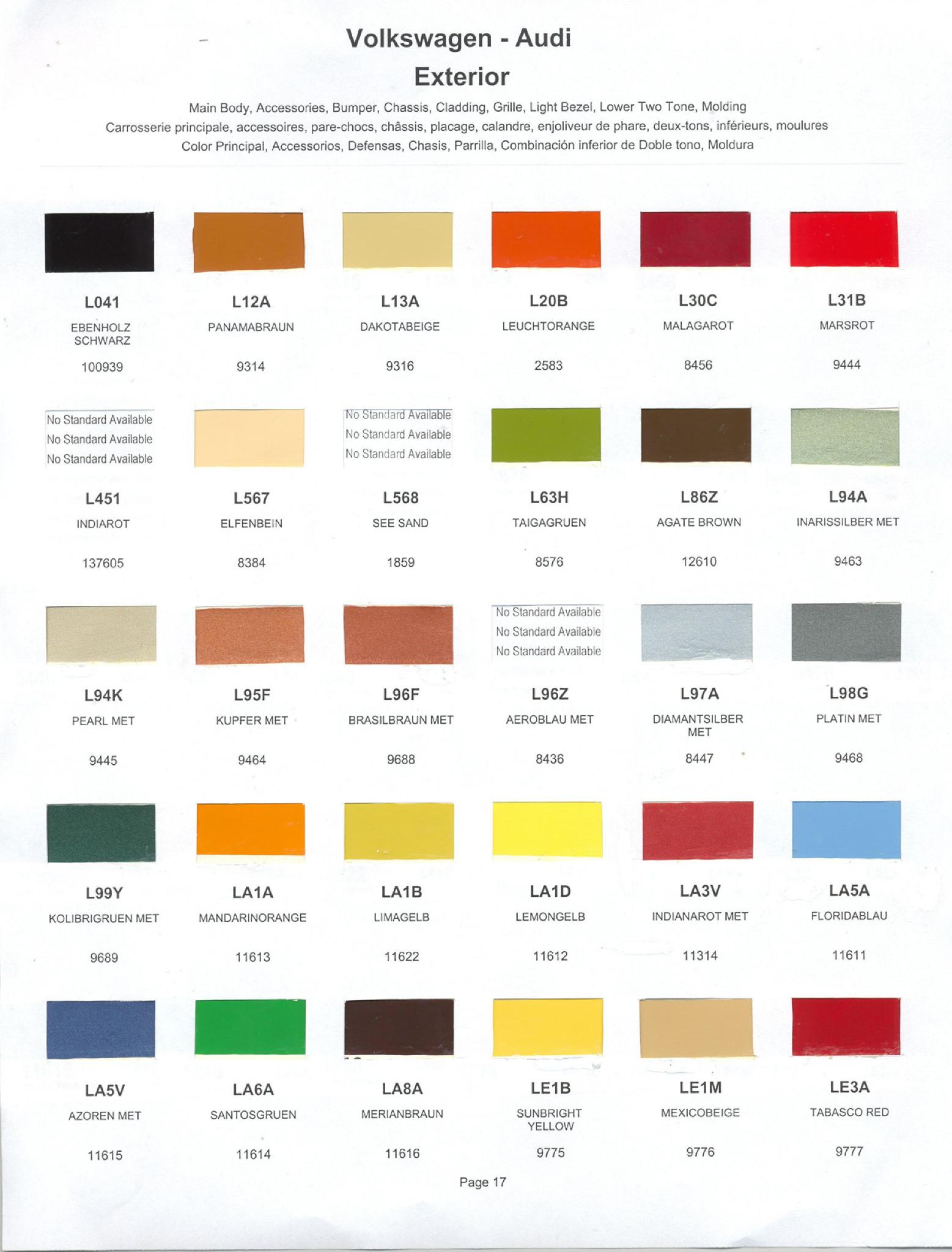 Volkswagen and Audi Paint Code Color Chart