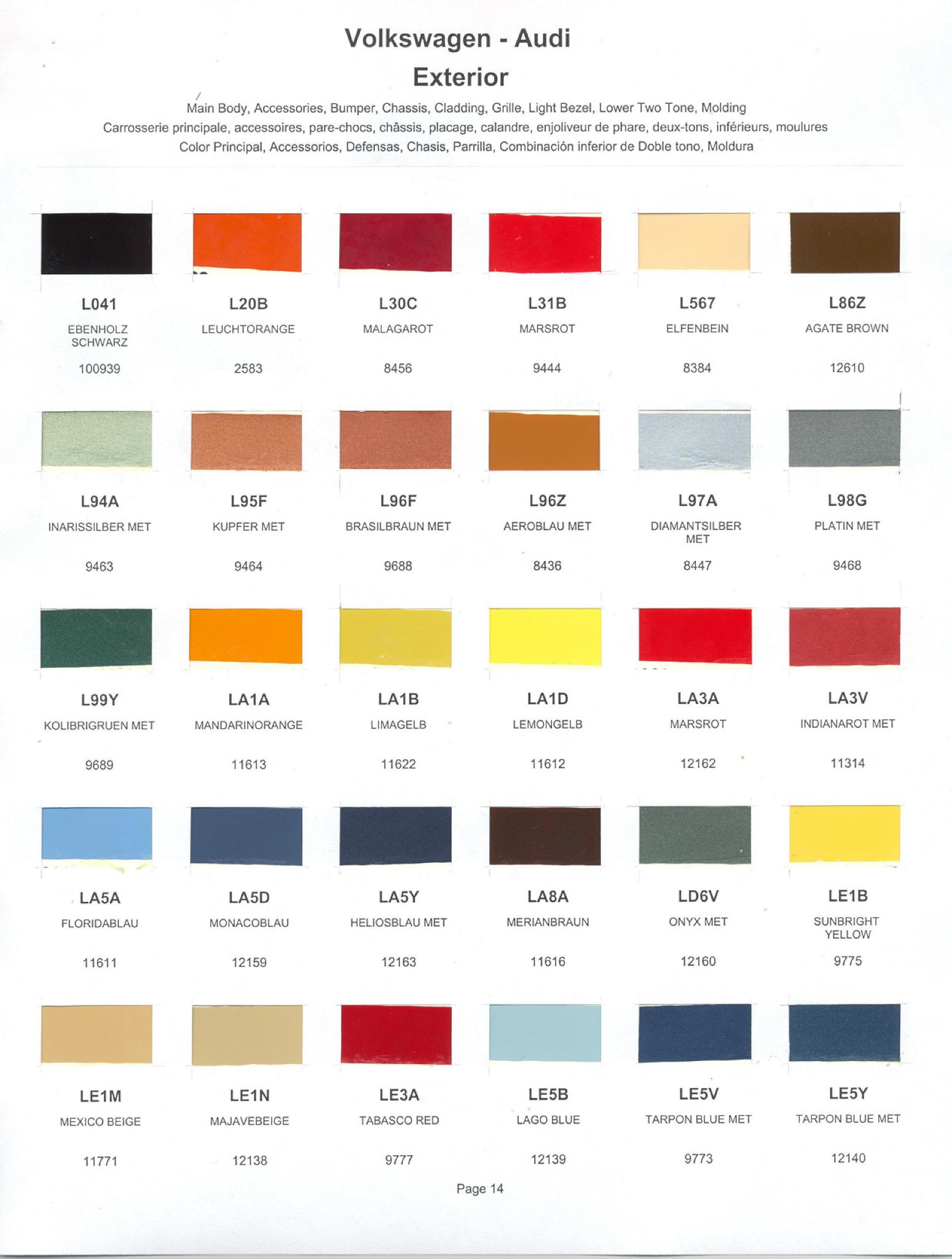 Volkswagen and Audi Paint Code Color Chart