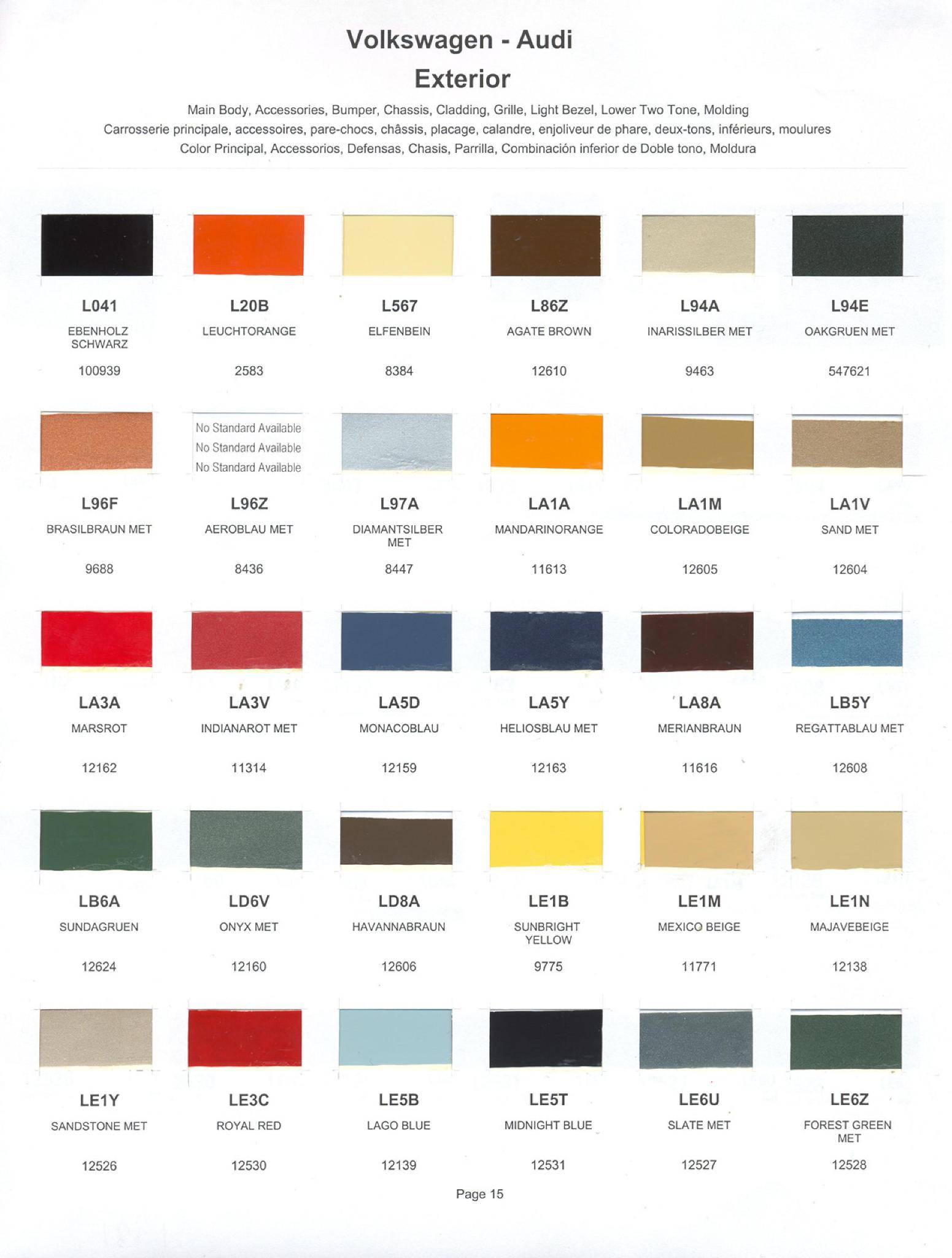 Volkswagen and Audi Paint Code Color Chart