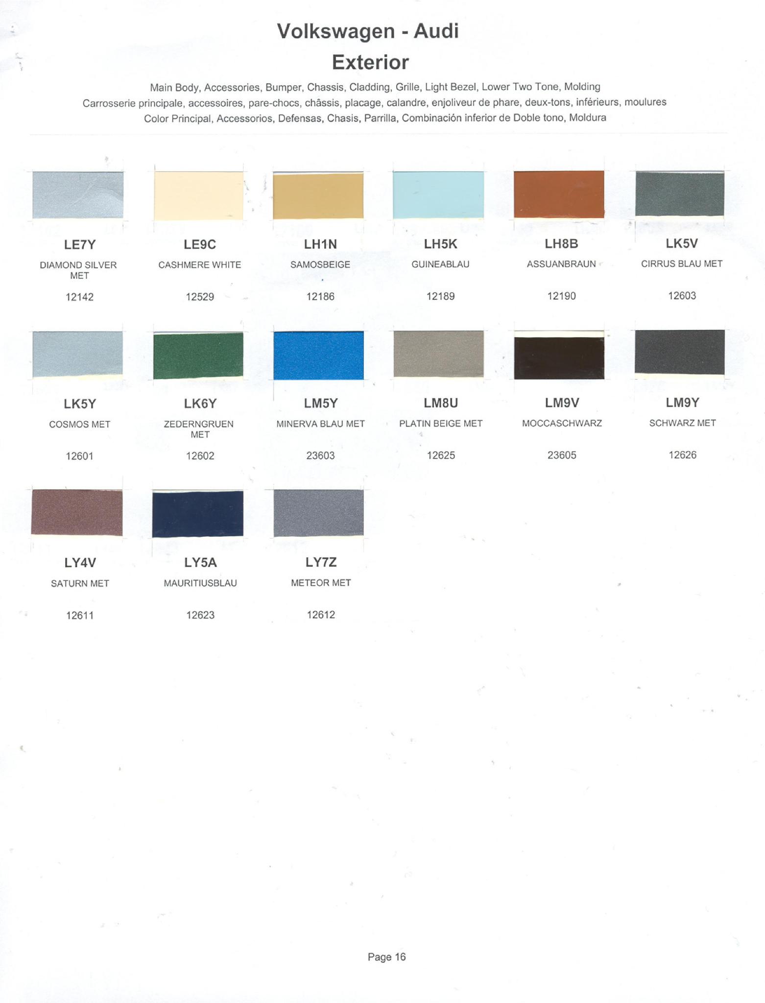 Volkswagen and Audi Paint Code Color Chart