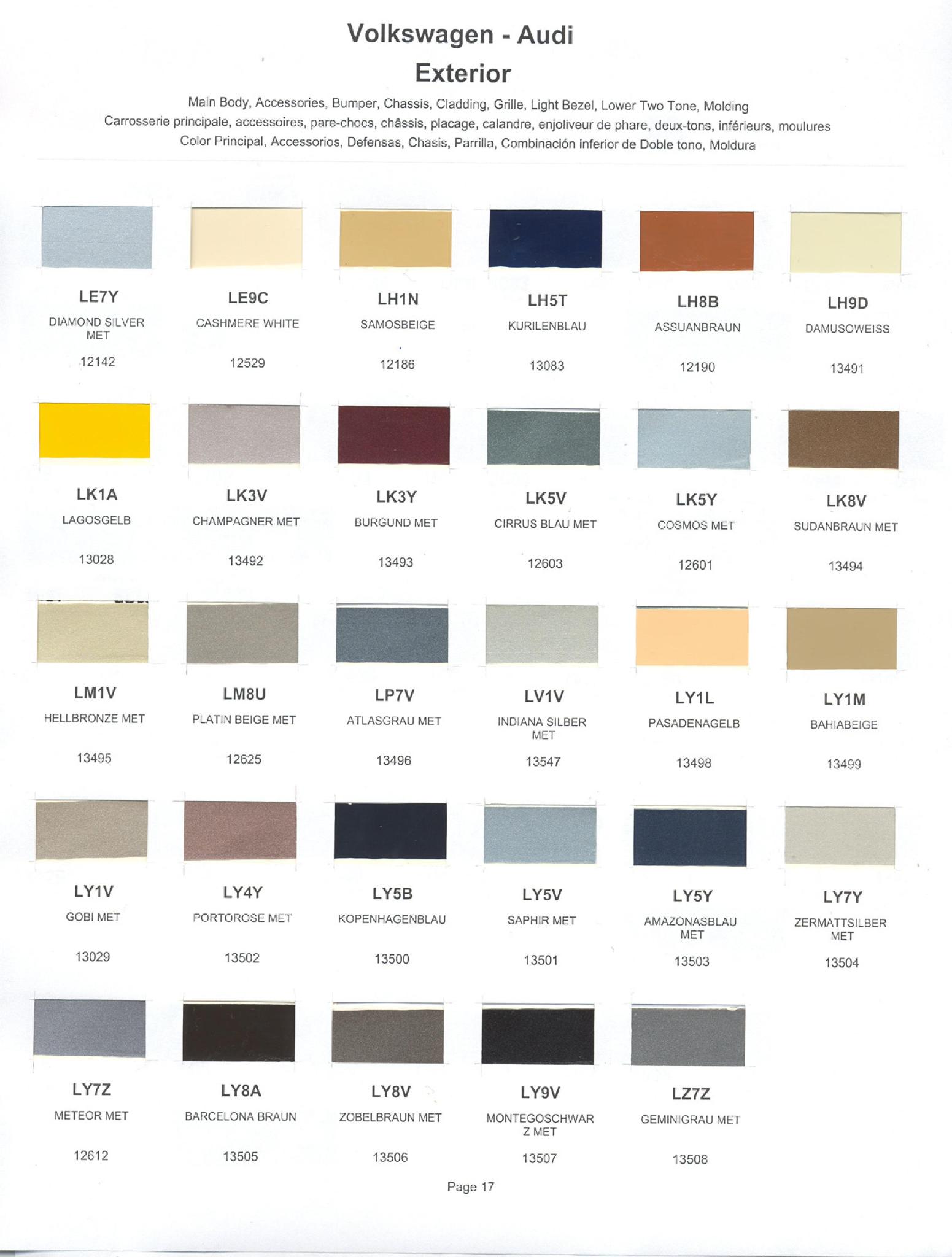 1983 Volkswagen and Audi Paint Code Color Chart