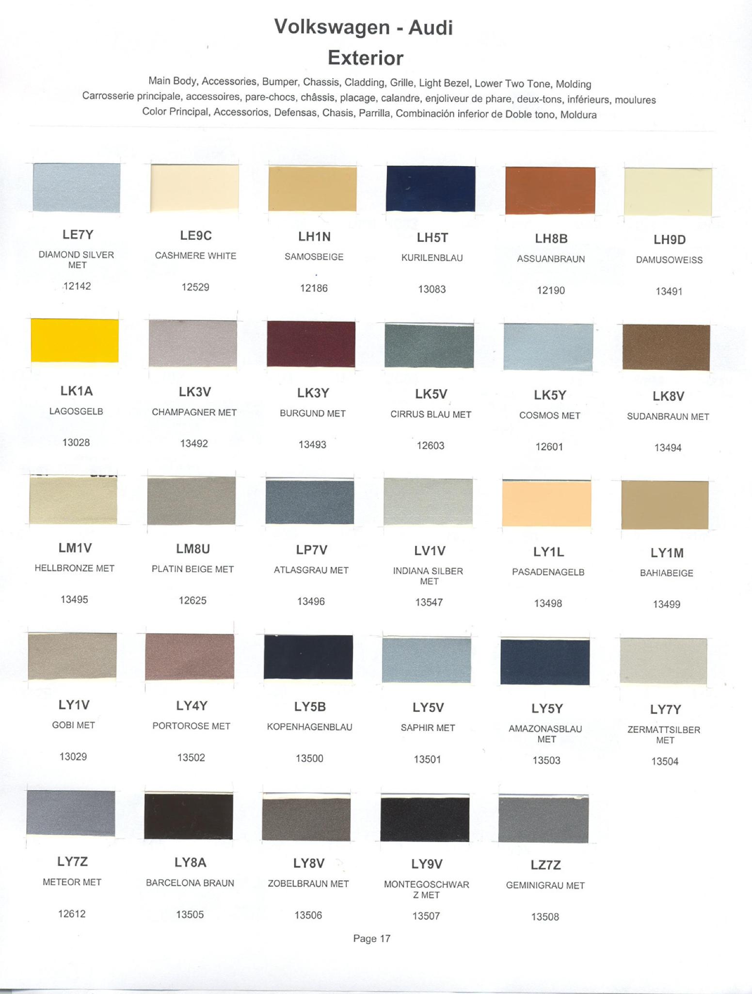 Volkswagen and Audi Paint Code Color Chart