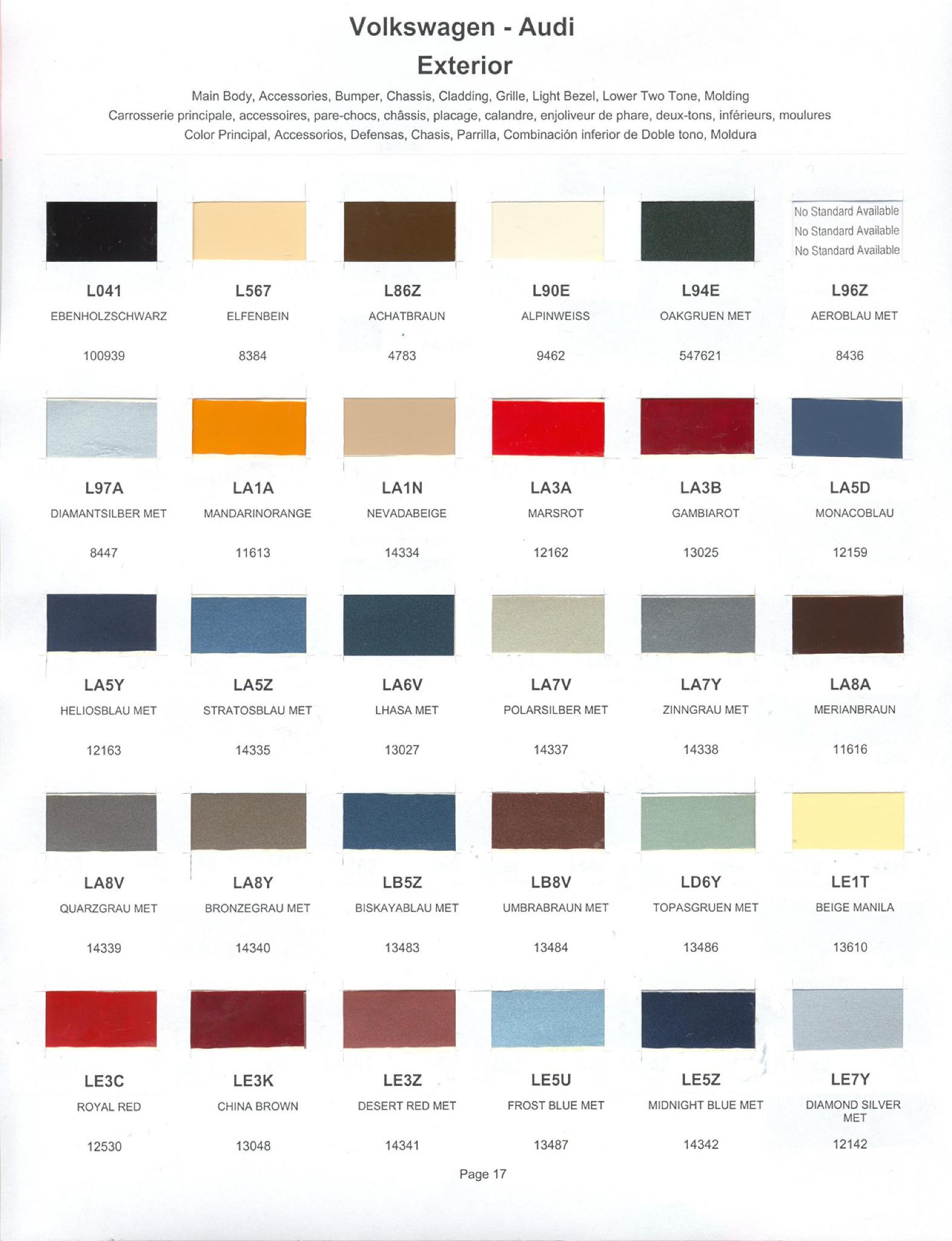 Volkswagen and Audi Paint Code Color Chart