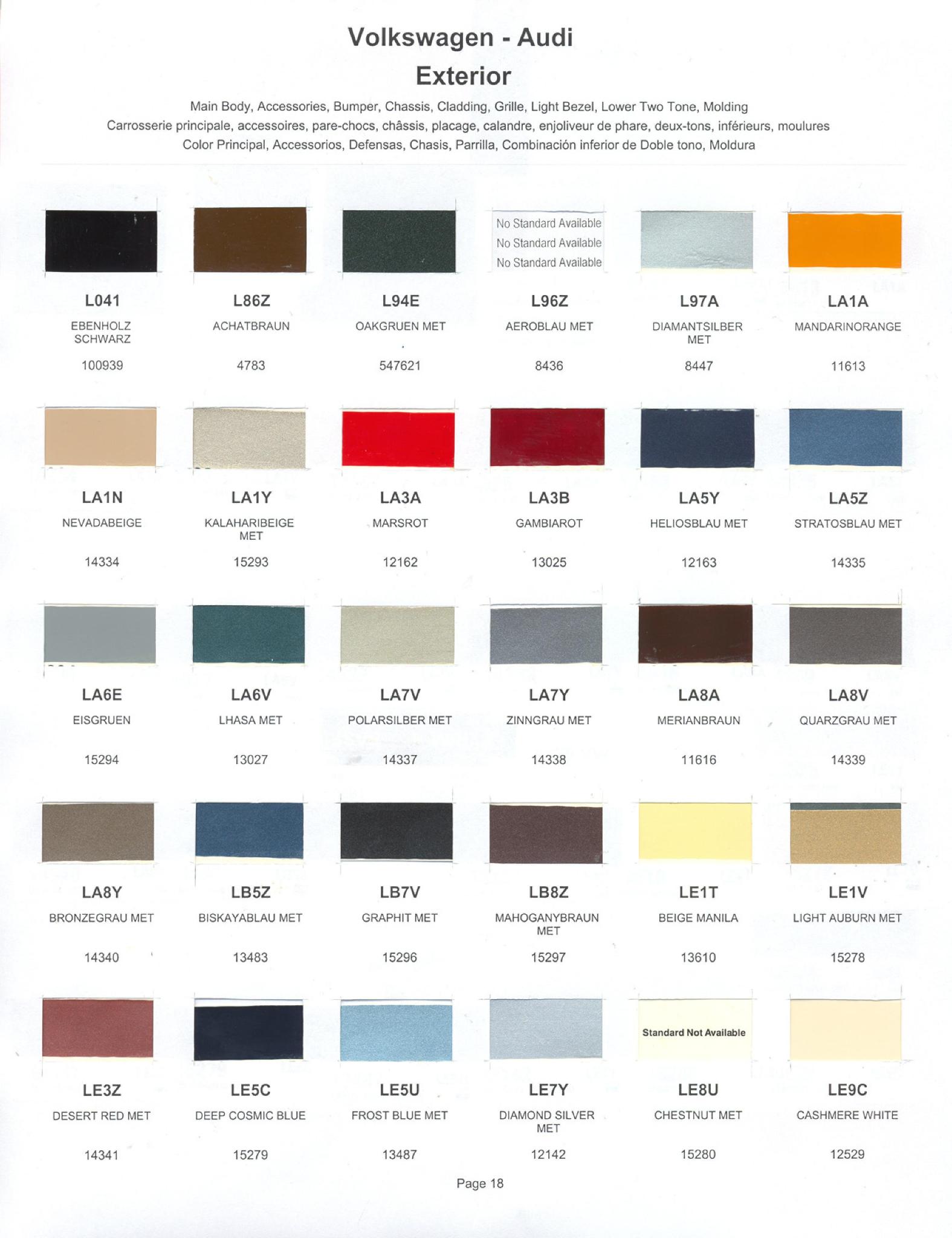 Volkswagen and Audi Paint Code Color Chart