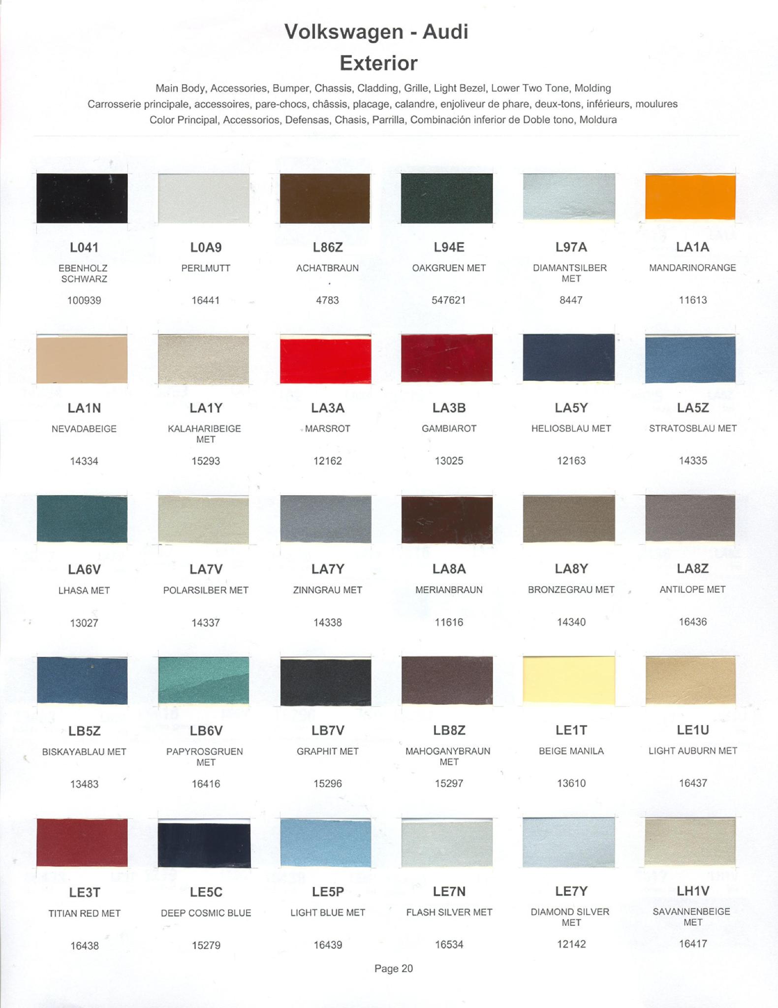 1986 Volkswagen and Audi Paint Code Color Chart