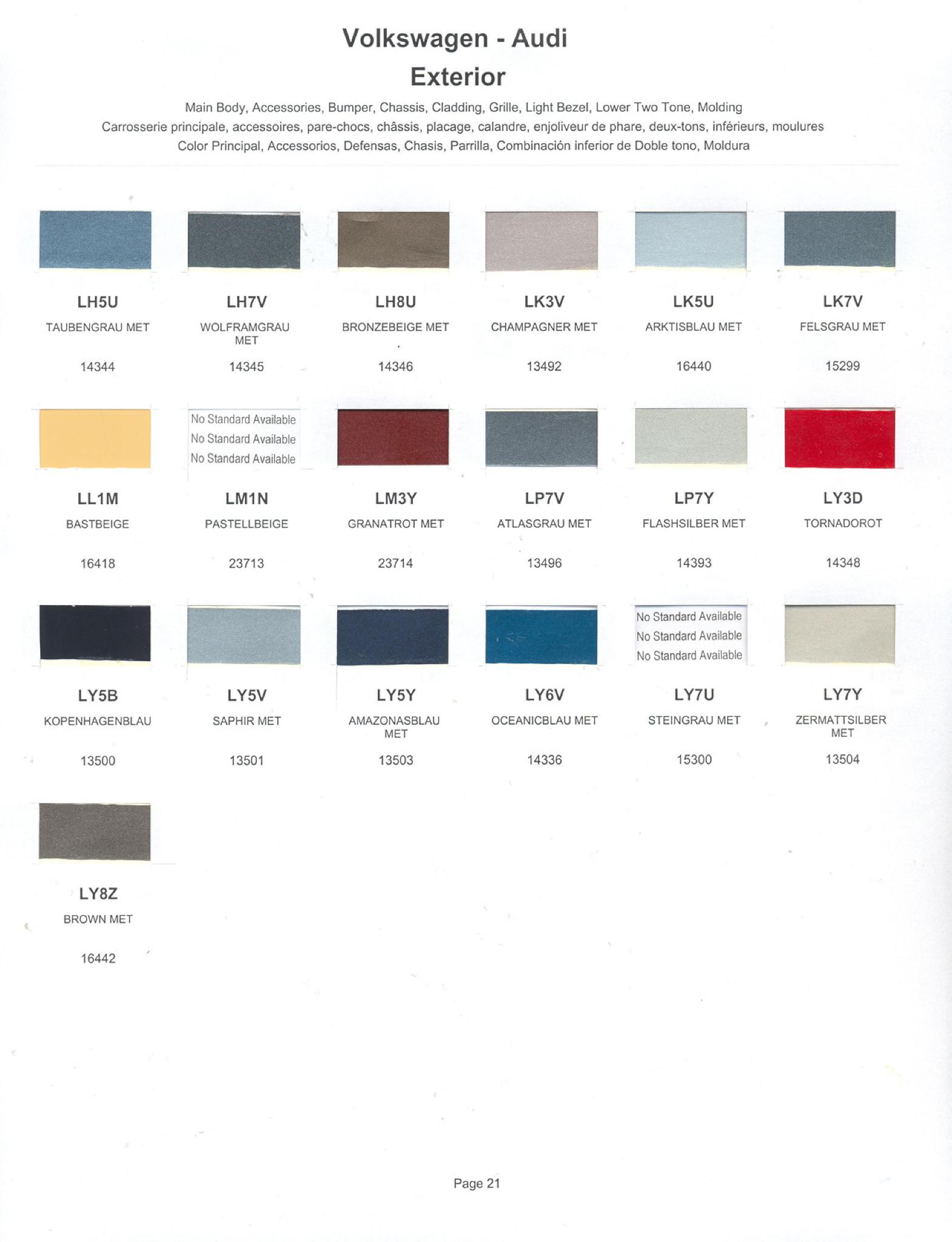 Volkswagen and Audi Paint Code Color Chart