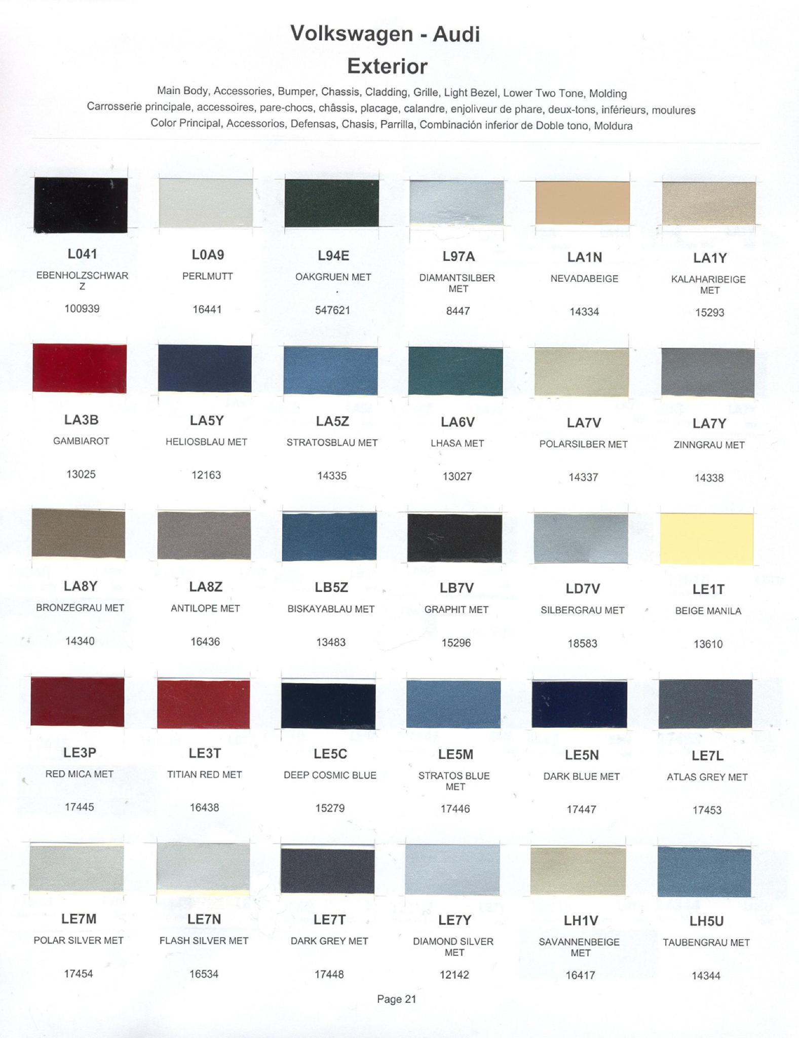 1987 Volkswagen and Audi Paint Code Color Chart