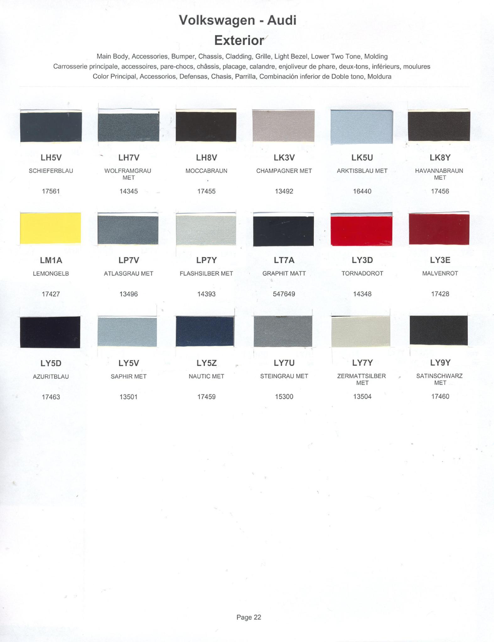 Volkswagen and Audi Paint Code Color Chart