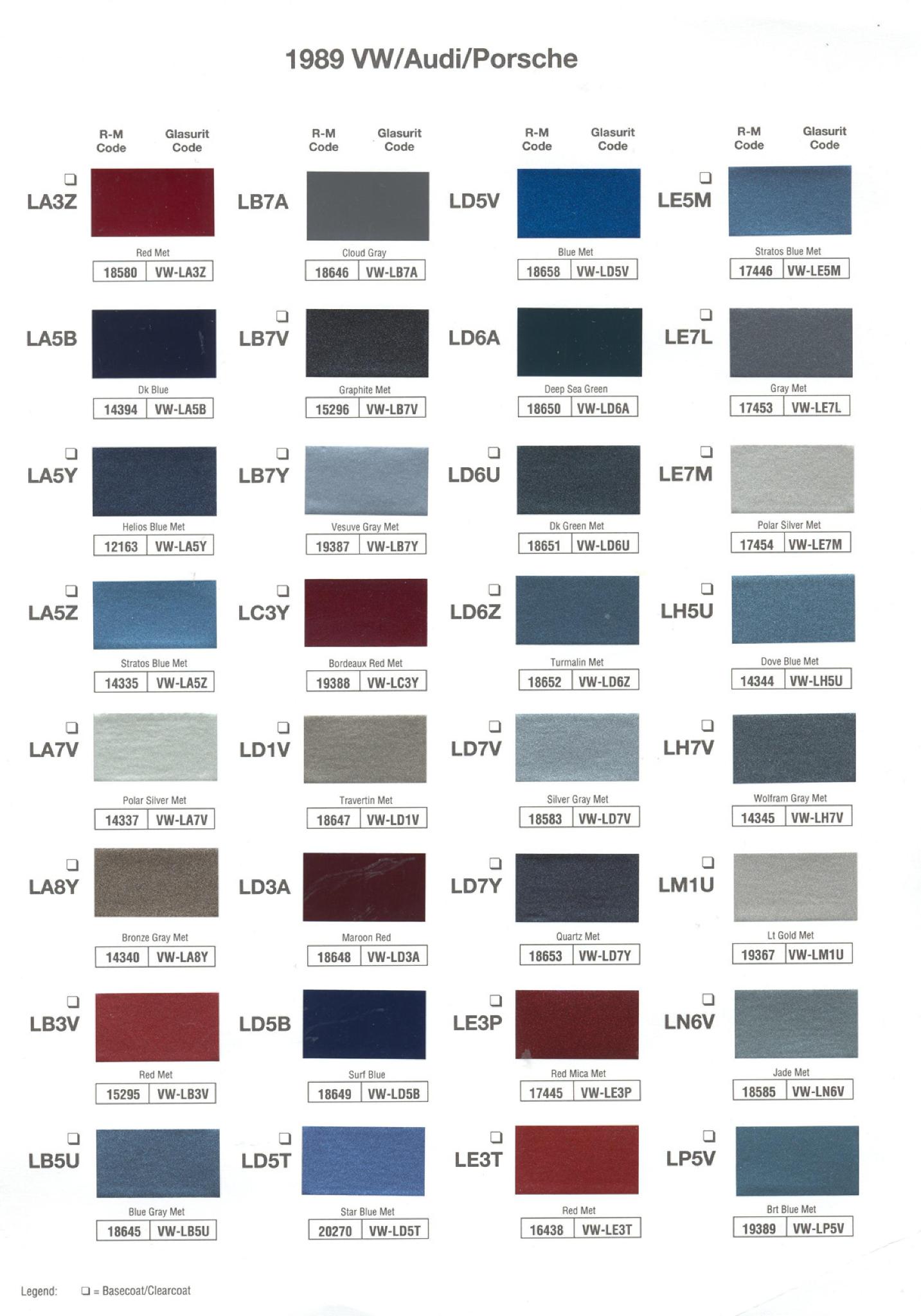 1989 Volkswagen and Audi Paint Code Color Chart