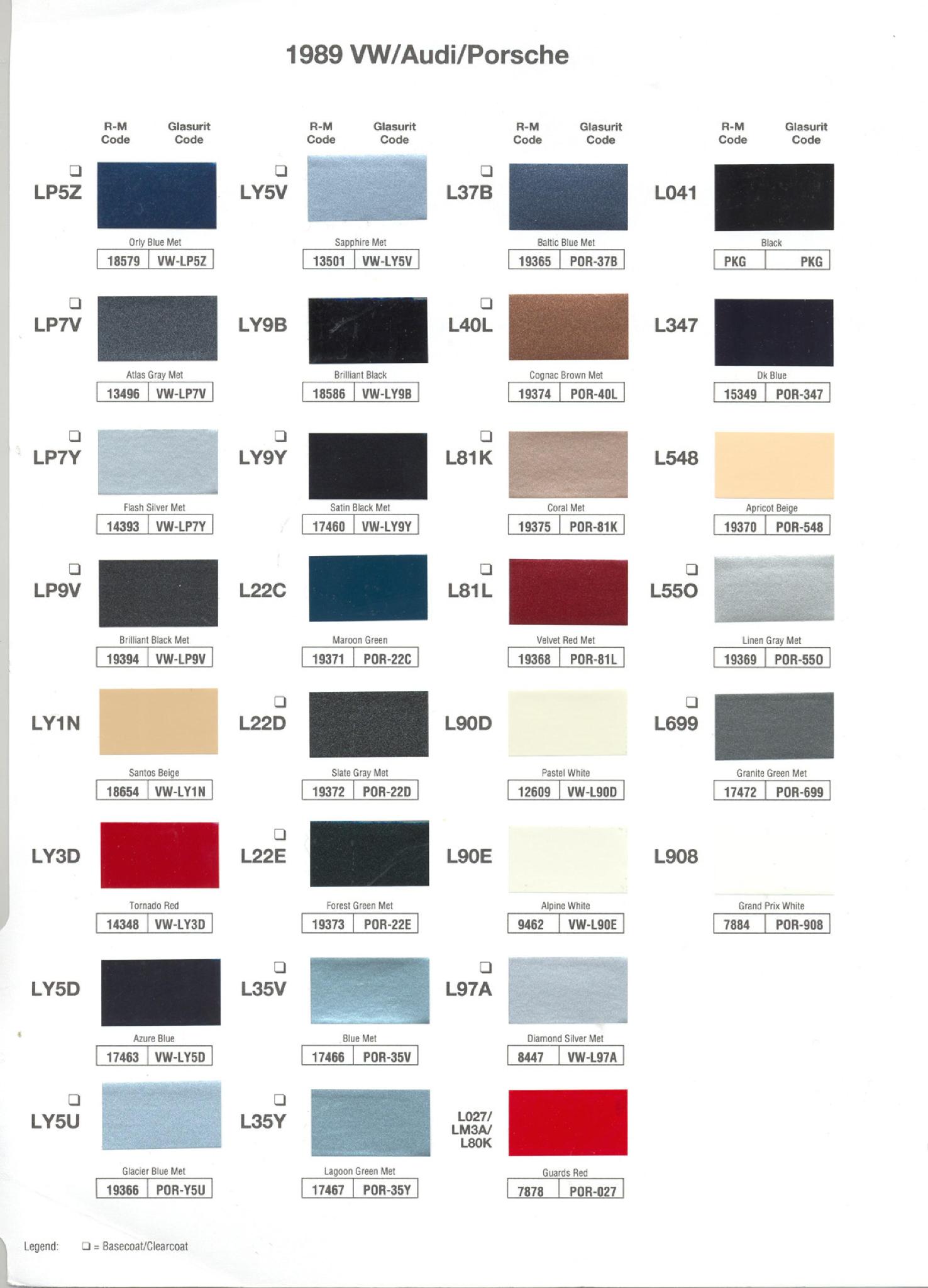 1989 Volkswagen and Audi Paint Code Color Chart