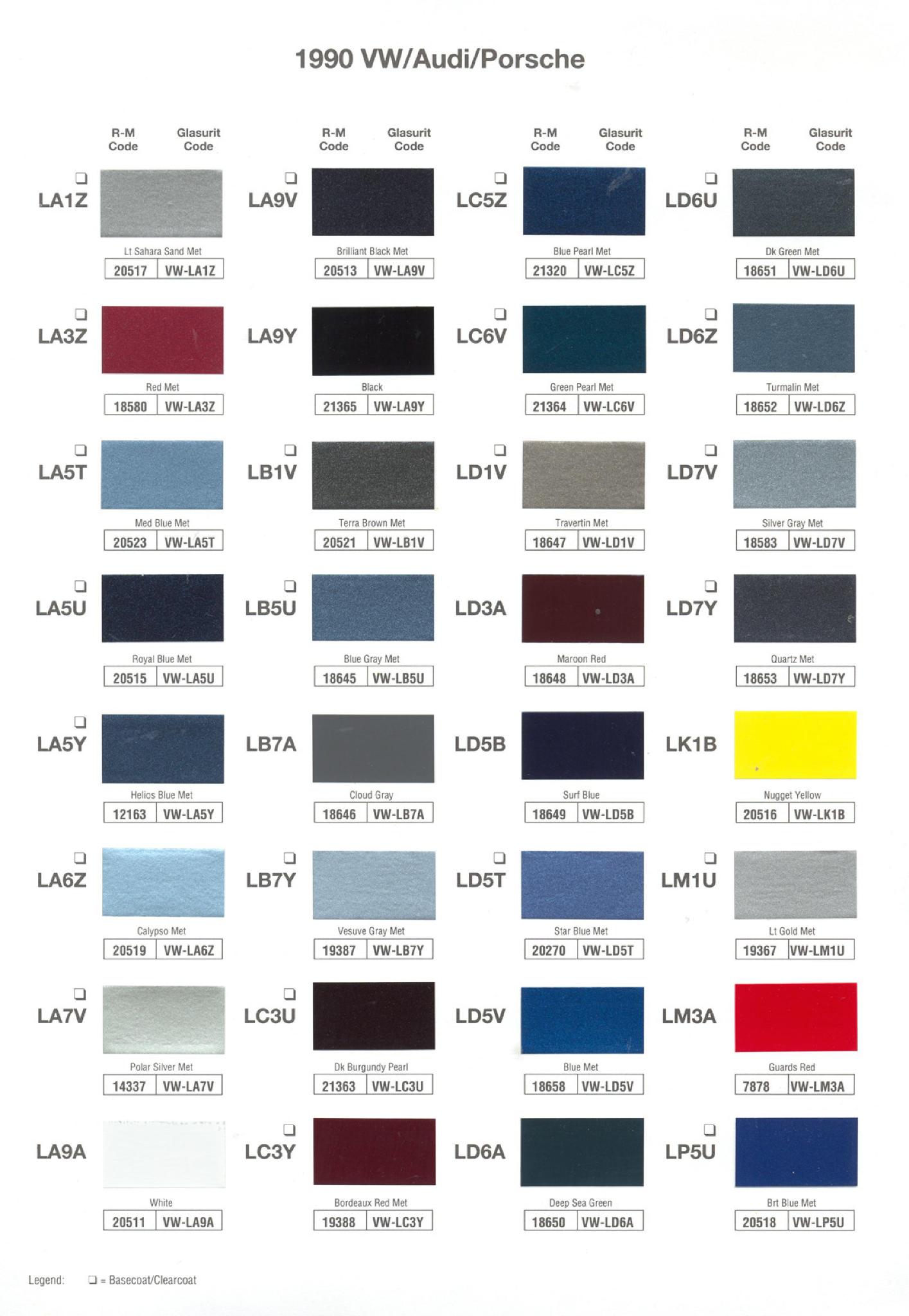 1990 Volkswagen and Audi Paint Code Color Chart