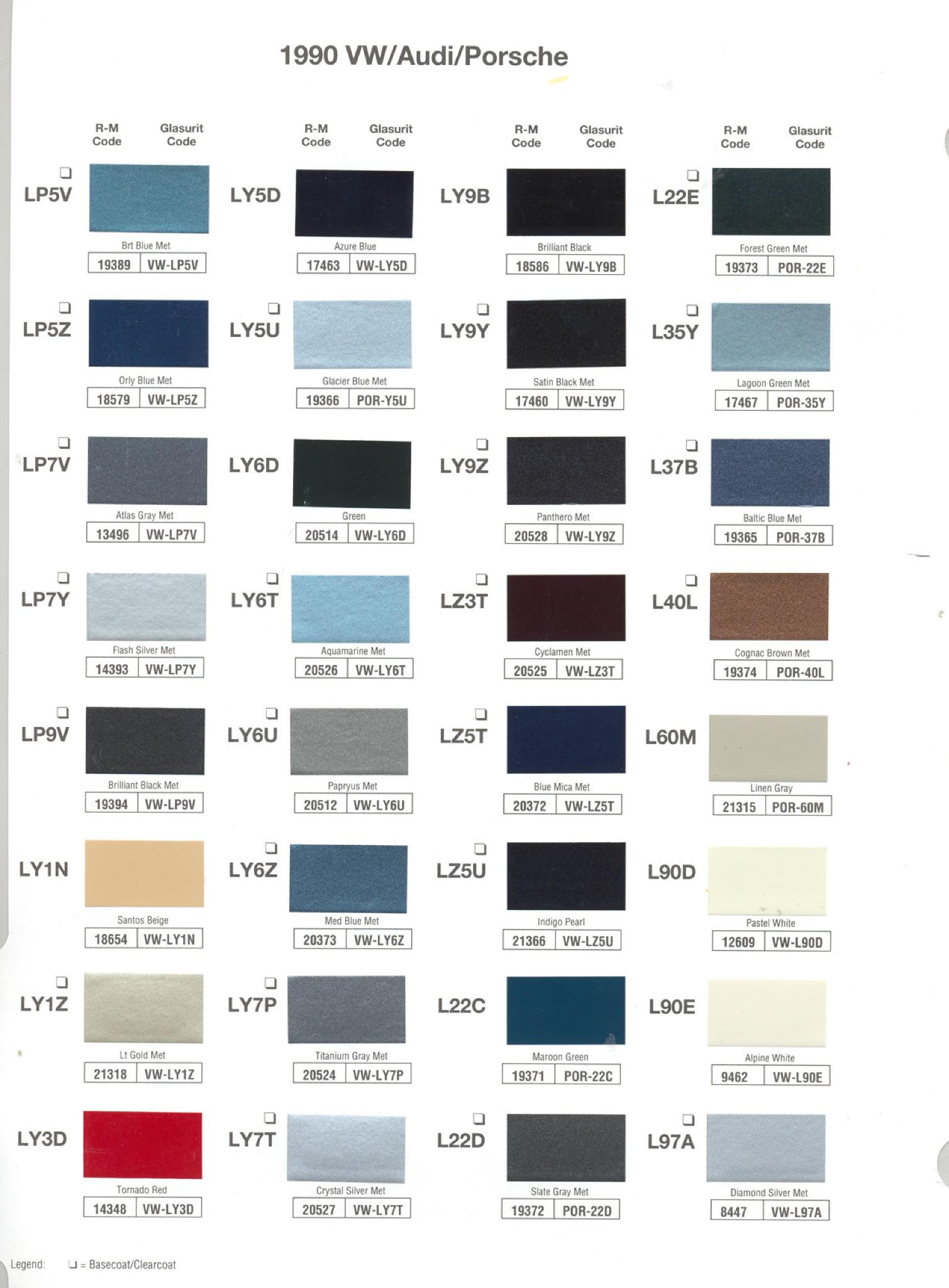 1990 Volkswagen and Audi Paint Code Color Chart