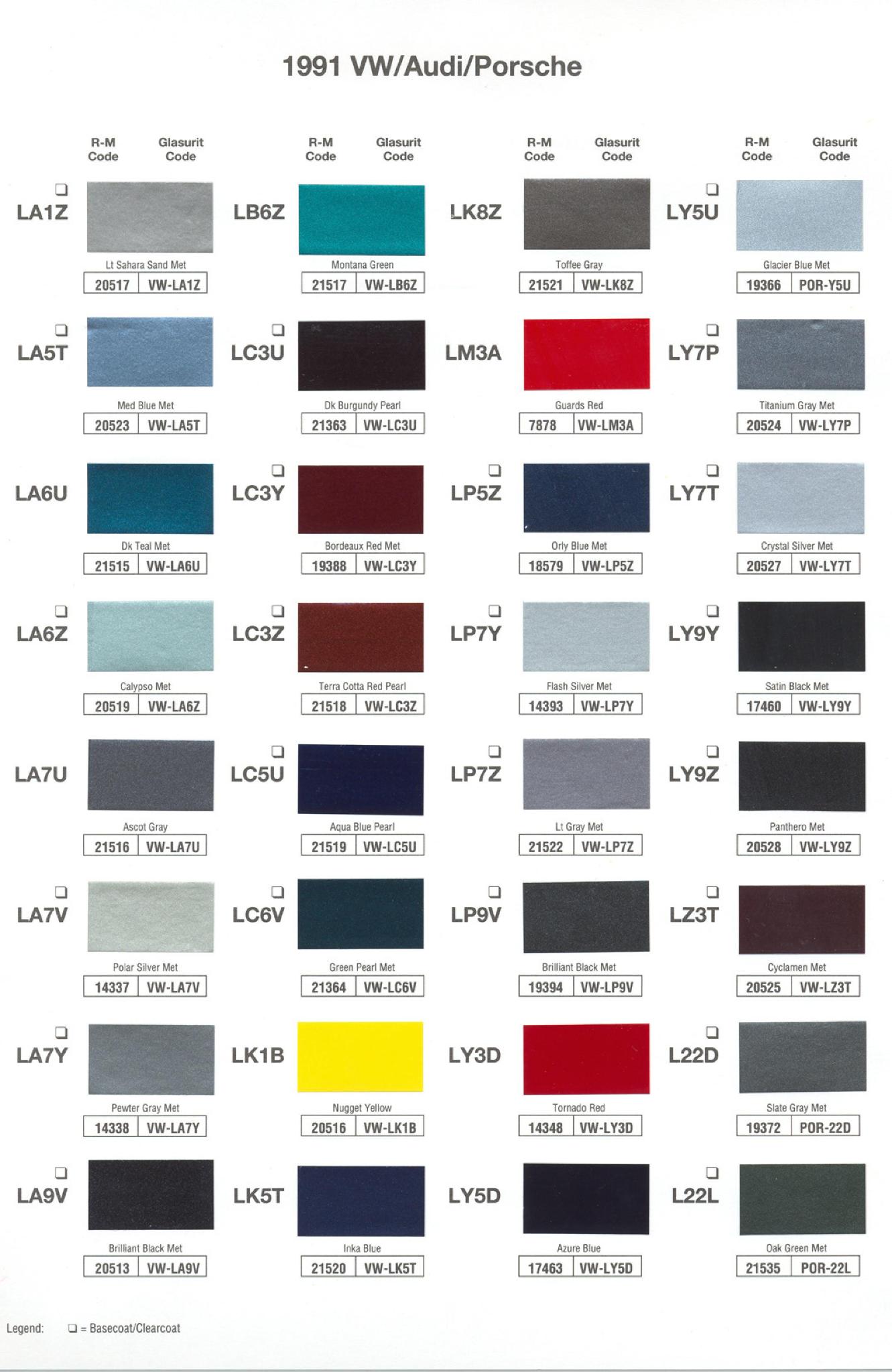 1991 Volkswagen and Audi Paint Code Color Chart