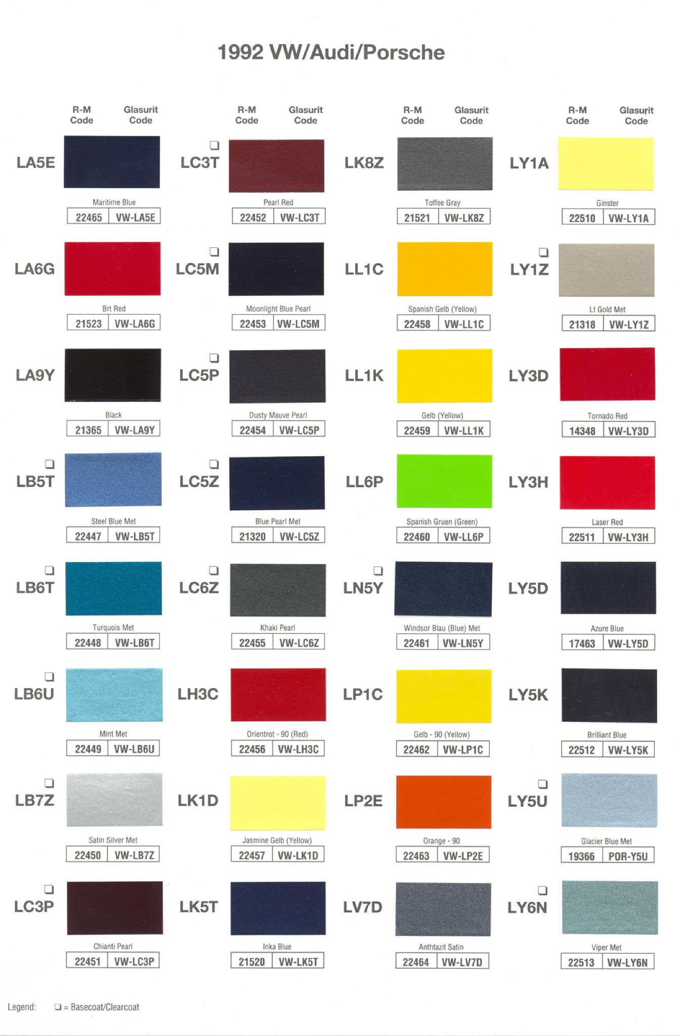 1992 Volkswagen and Audi Paint Code Color Chart