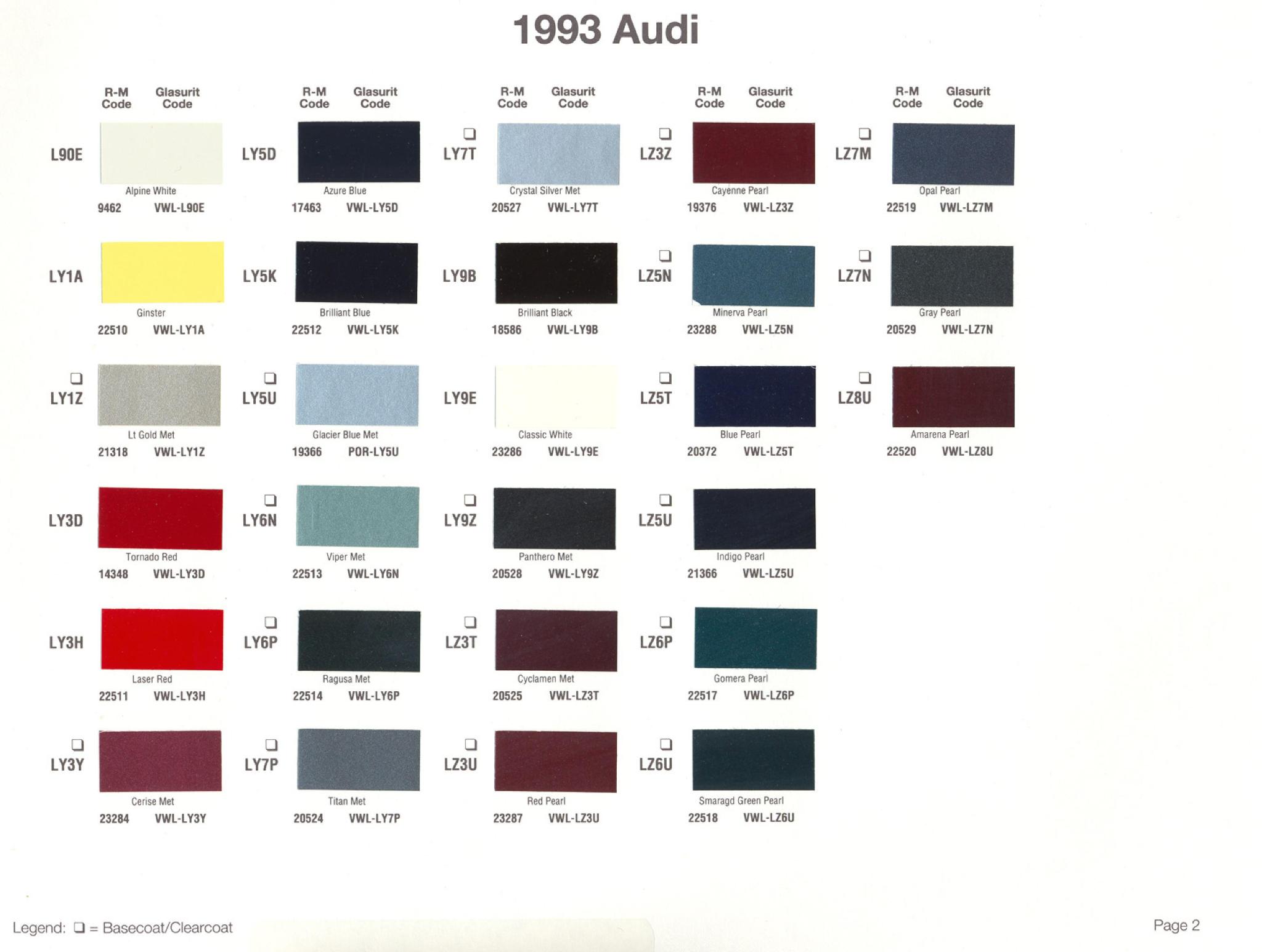 1993 Volkswagen and Audi Paint Code Color Chart
