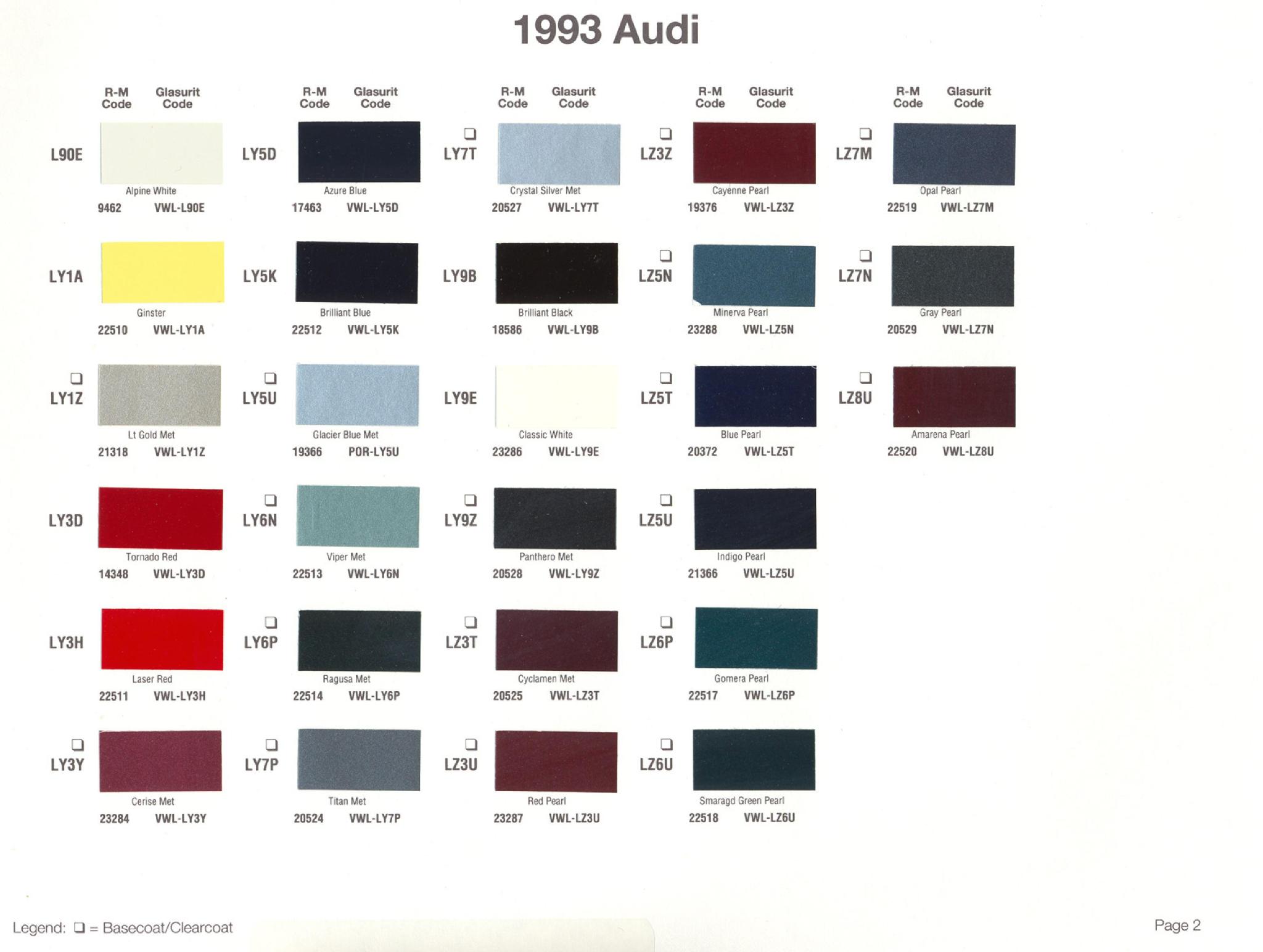 Volkswagen and Audi Paint Code Color Chart