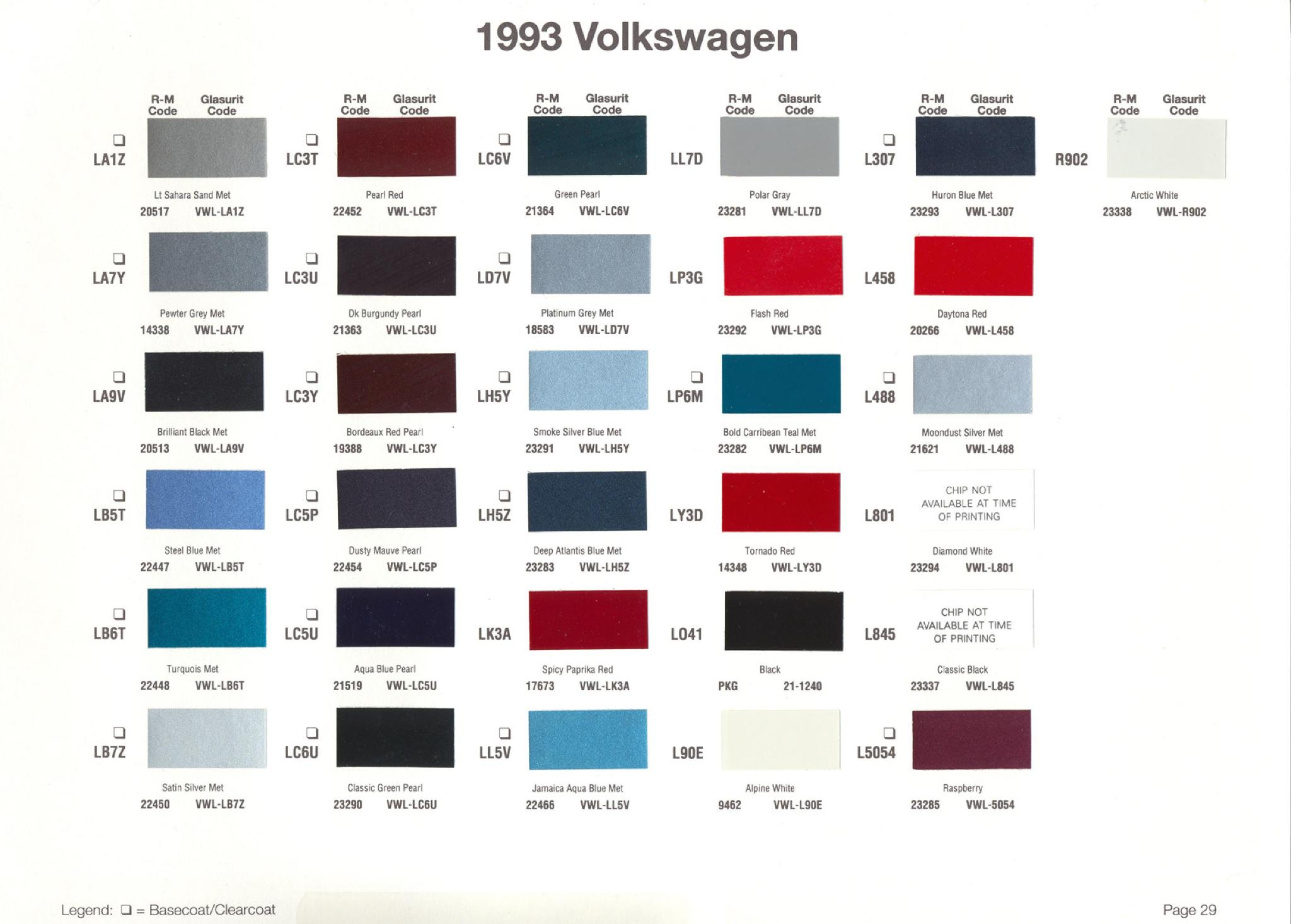 1993 Volkswagen and Audi Paint Code Color Chart