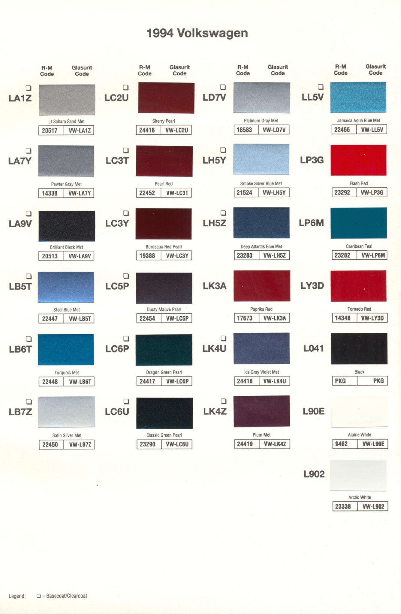 1994 Volkswagen and Audi Paint Code Color Chart